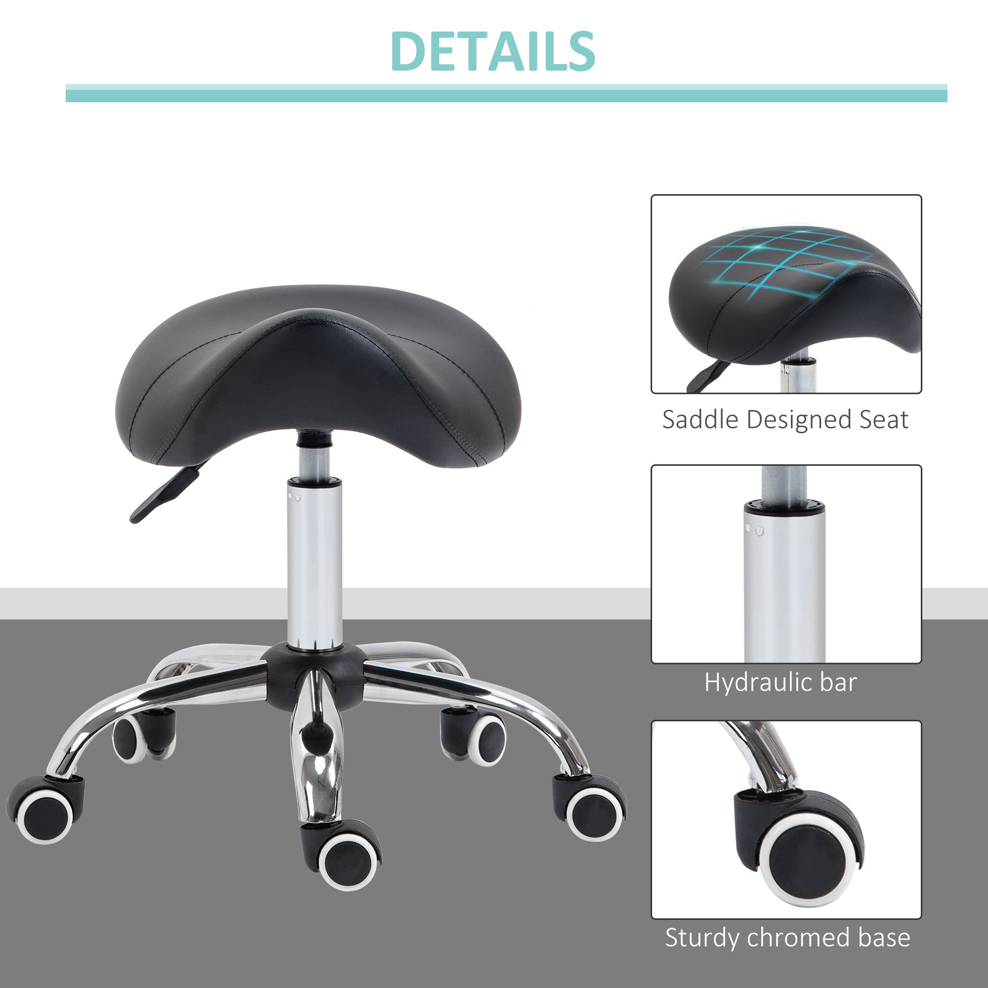 Kozy Cosmetic Stool 360° Rotate Height Adjustable Salon Massage Spa Chair Hydraulic Rolling Faux Leather Saddle Stool Mobility, Black