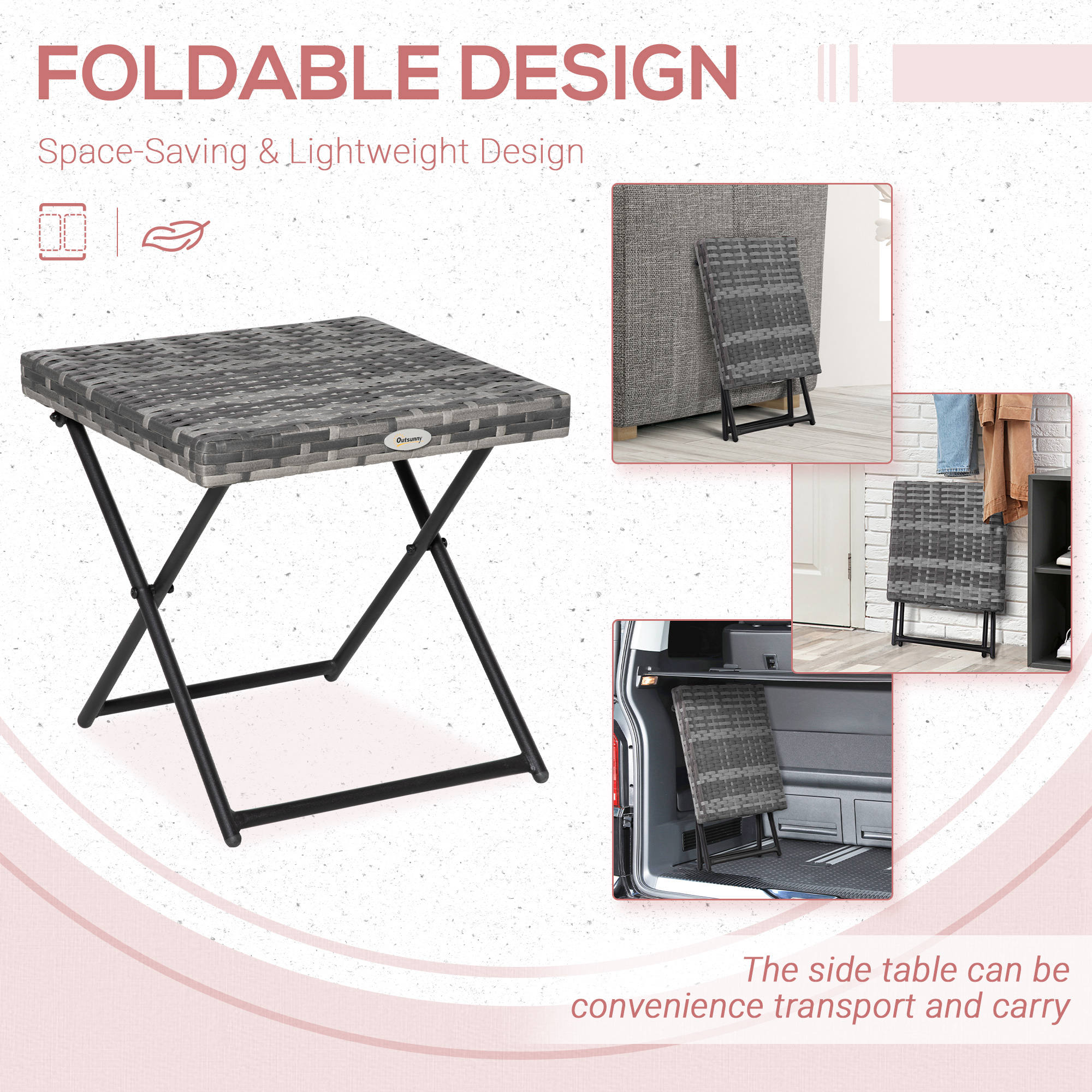 Kozy Square PE Wicker Rattan Folding Table,Weather Resistant Wicker Weave Side Table with Steel Frame, Grey