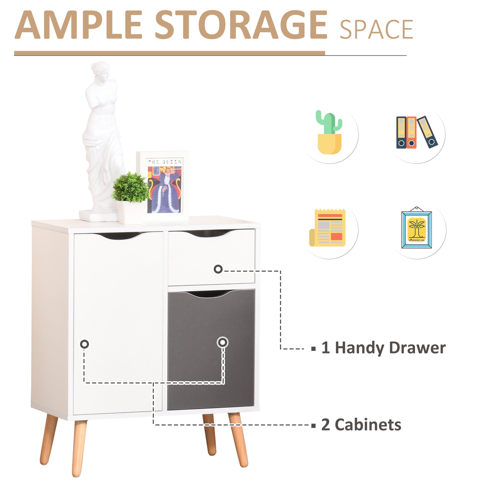 Kozy Sideboard Floor Cabinet Storage Cupboard with Drawer and Solid Wood Legs for Bedroom, Living Room, Entryway, Grey