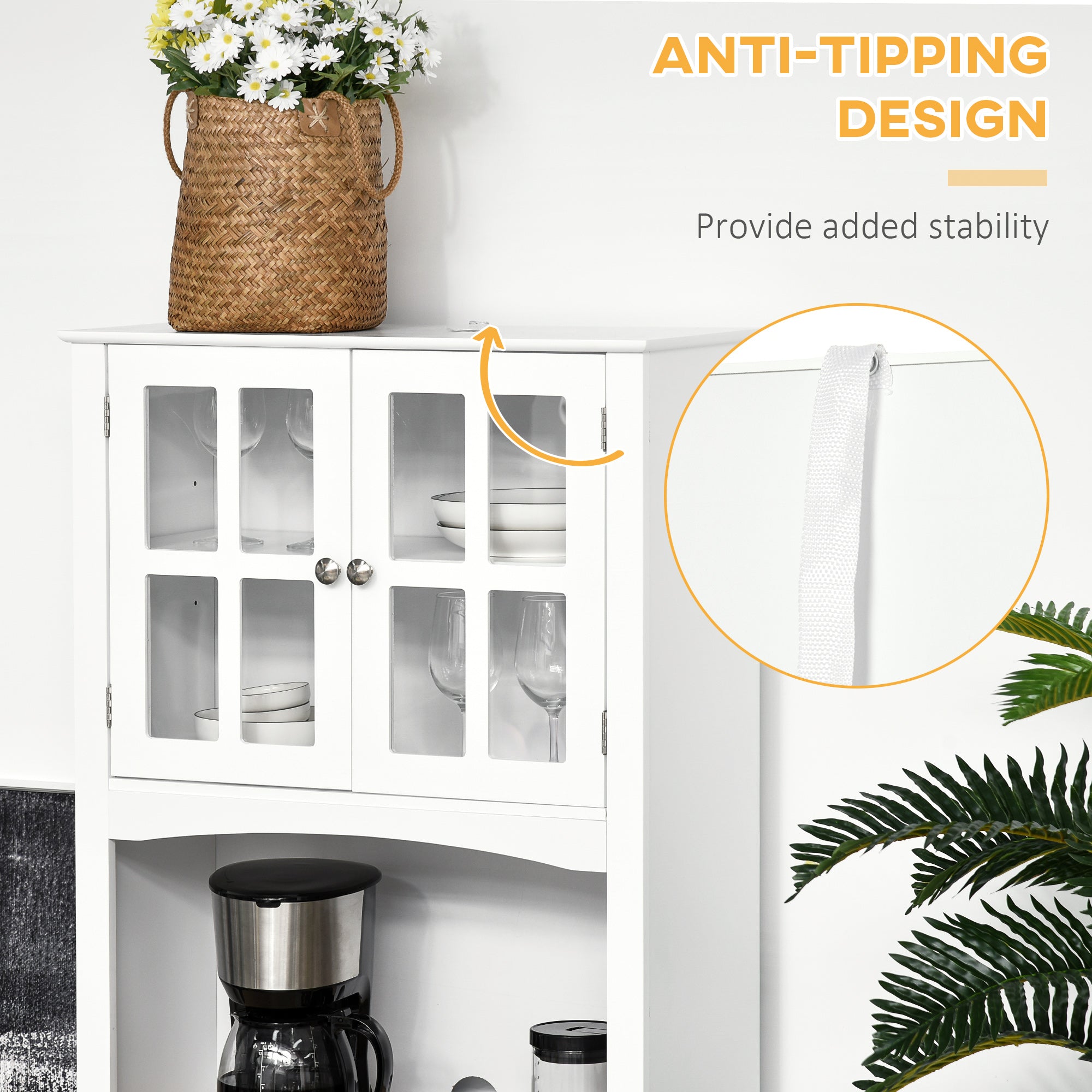 Kozy Modern Kitchen Cupboard, Louvered Kitchen Storage Cabinet with Framed Glass Doors and 2 Drawers, White