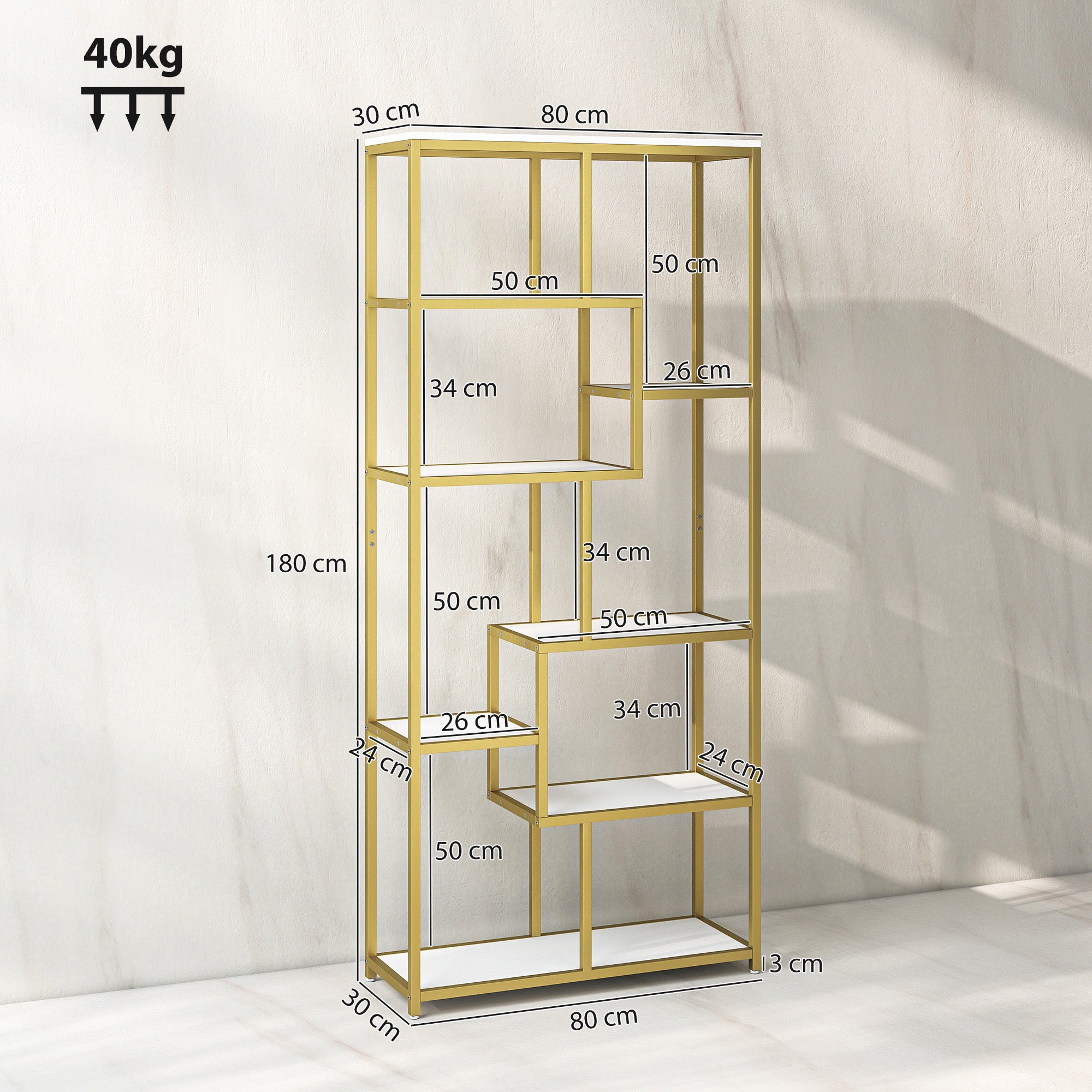 Kozy Seven-Tier Geometric Bookcase - White/Gold Tone
