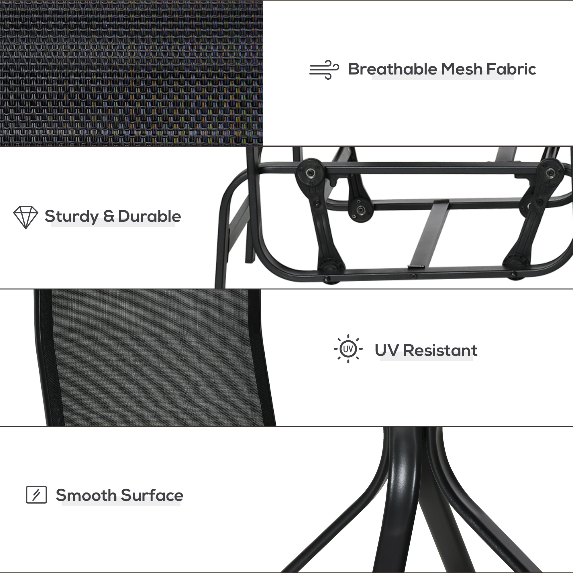 Kozy 3 Pieces Garden Gliding Chair Set, Metal Frame 2 Single Armchair Swing Seater and 1 Glass Top Coffee Table w/ Breath Mesh Fabric Seat, Black