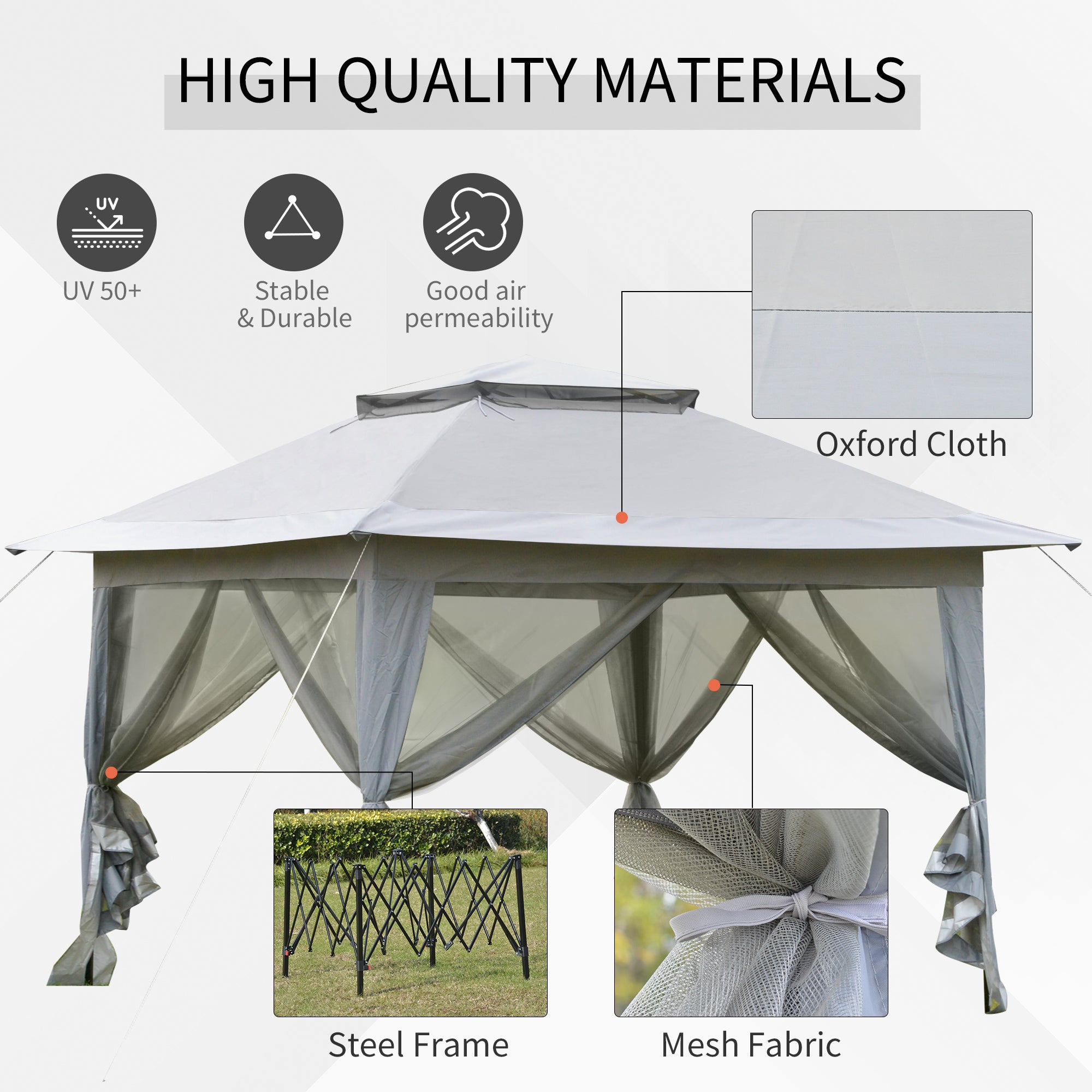 Kozy 3.6 x 3.6 m Pop up Gazebo with Netting, Height Adjustable Party Tent Instant Canopy Sun Shade Shelter, Grey