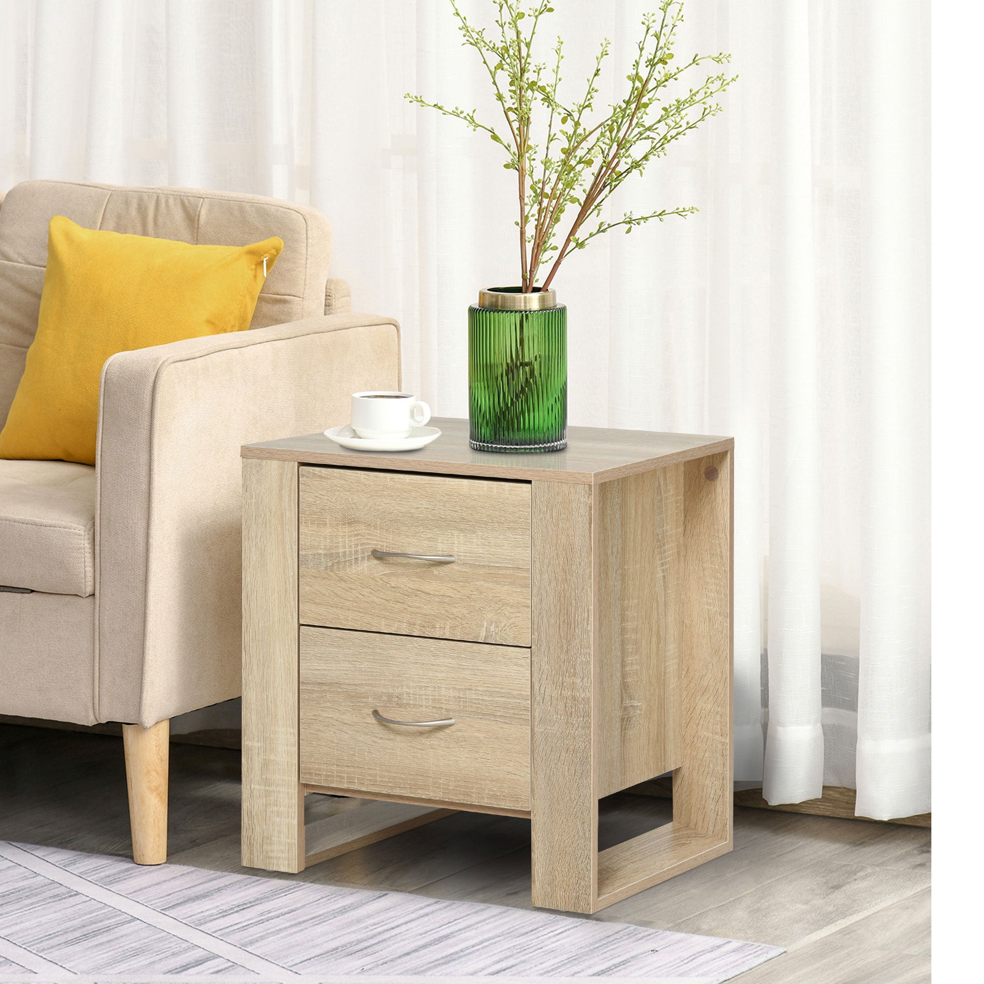 HOMCOM Bedside Table with 2 Drawers, Modern Boxy Design, Elevated Base, Melamine Finish, Bedroom Storage, Oak Brown