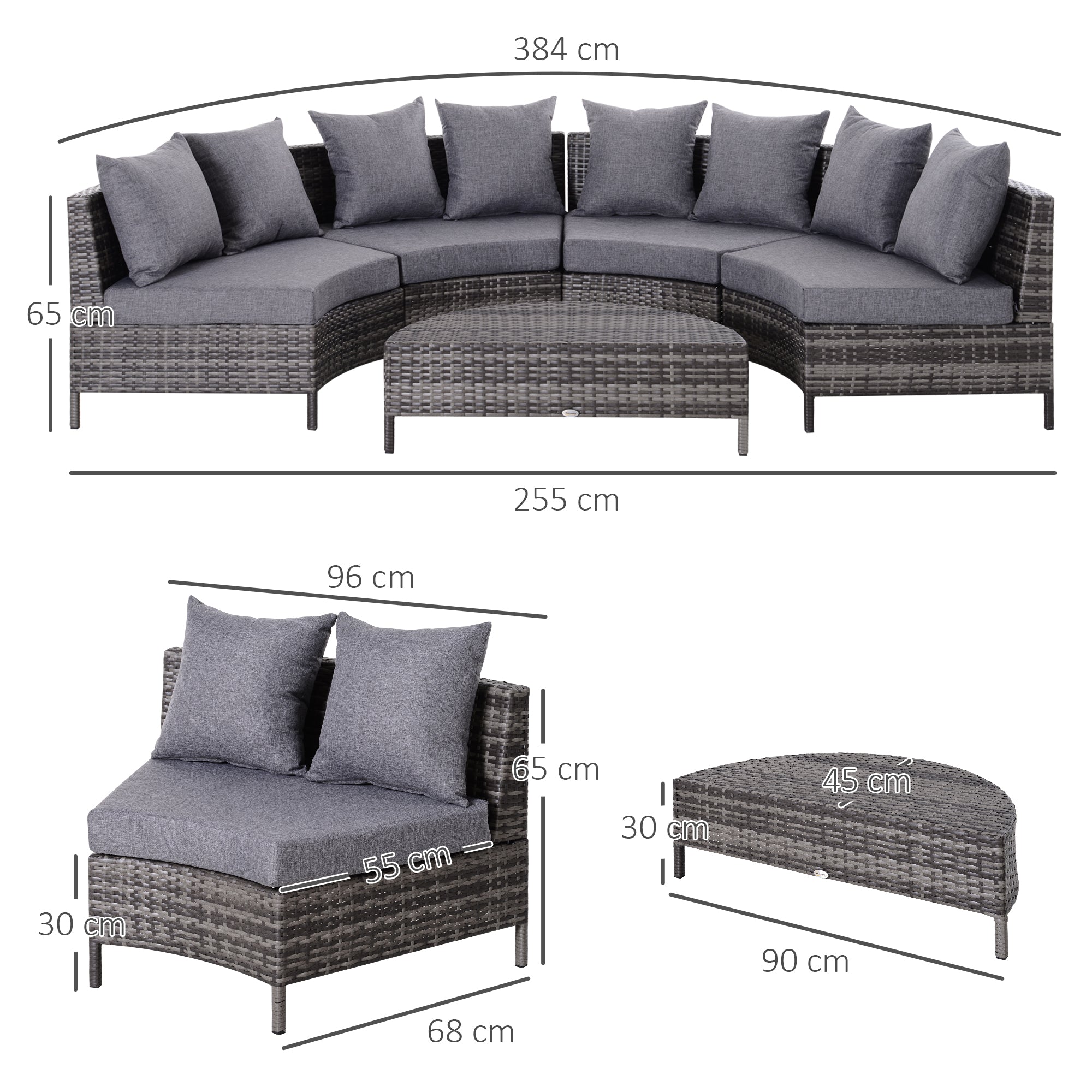 Kozy 5 Pieces Rattan Garden Furniture Set, 4 Seater Half-Round Garden Sofa Set with Thickened Cushions, Wicker Conservatory Furniture with 4 Chairs, Rattan Coffee Table and Pillows, Grey