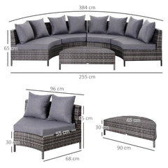 Kozy 5 Pieces Rattan Garden Furniture Set, 4 Seater Half-Round Garden Sofa Set with Thickened Cushions, Wicker Conservatory Furniture with 4 Chairs, Rattan Coffee Table and Pillows, Grey