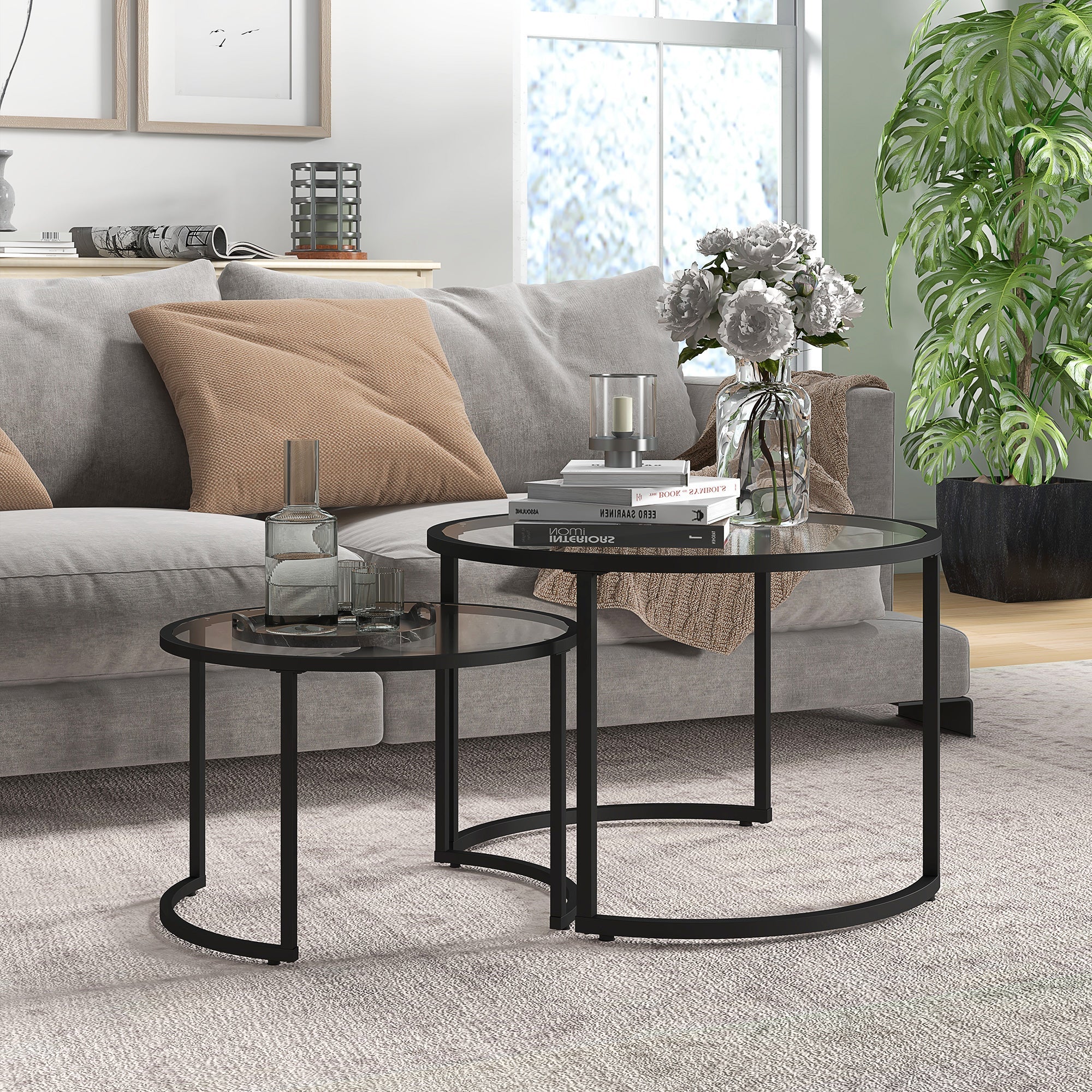 HOMCOM Glass Coffee Table Set of 2, Round Nest of Tables w/ Tempered Glass Tabletop, Steel Frame, Modern Side Tables for Living Room, Black | Aosom UK