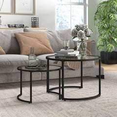 HOMCOM Glass Coffee Table Set of 2, Round Nest of Tables w/ Tempered Glass Tabletop, Steel Frame, Modern Side Tables for Living Room, Black | Aosom UK