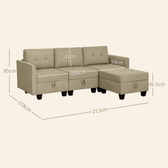 HOMCOM Convertible Modular Sectional Sofa with Storage, 3 Seater Sofa Set, L Shaped Sofa Couch with Ottoman, Wood Frame for Living Room, Light Brown | Aosom UK