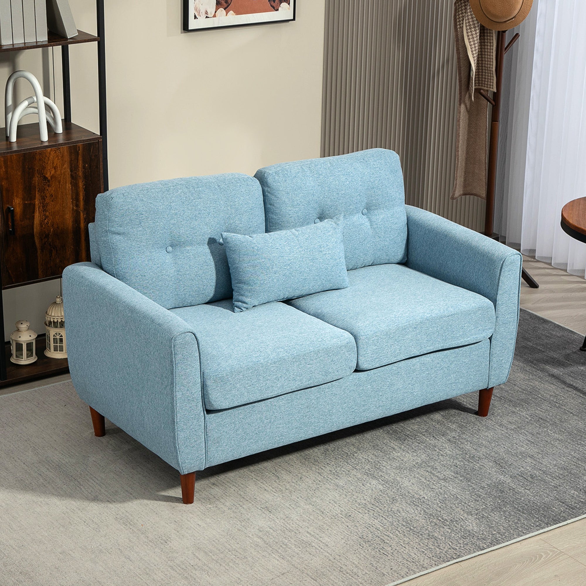 Kozy 2 Seater Sofa with Spring Cushion, Fabric Sofa with Wooden Legs, Modern Love Seat for Living Room, 140cm Width Tufted Couch for Bedroom, Light Blue