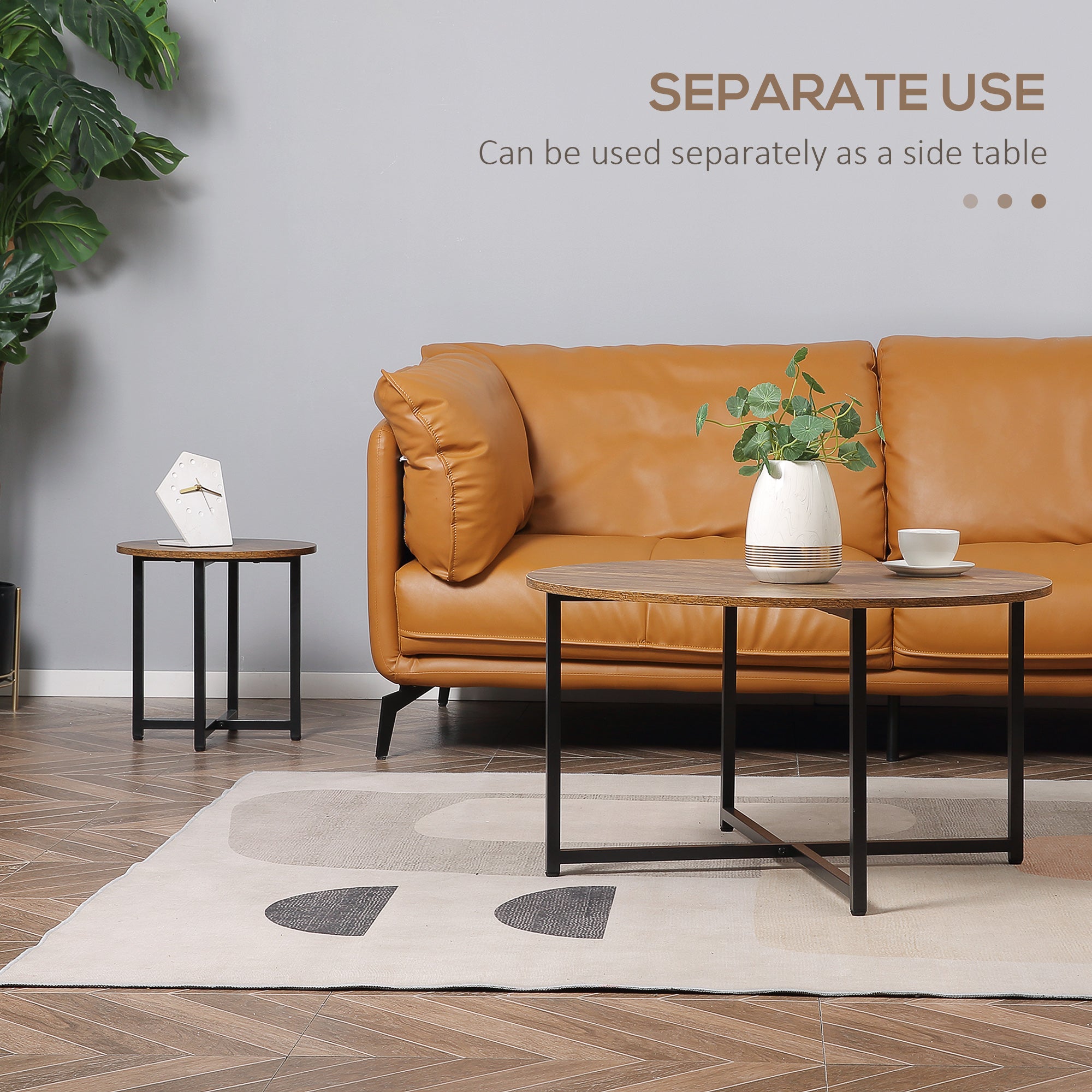 Kozy Round Coffee Table, Set of 2 Side Table with Metal Frame, Industrial End Table for Living Room Bedroom, Rustic Brown