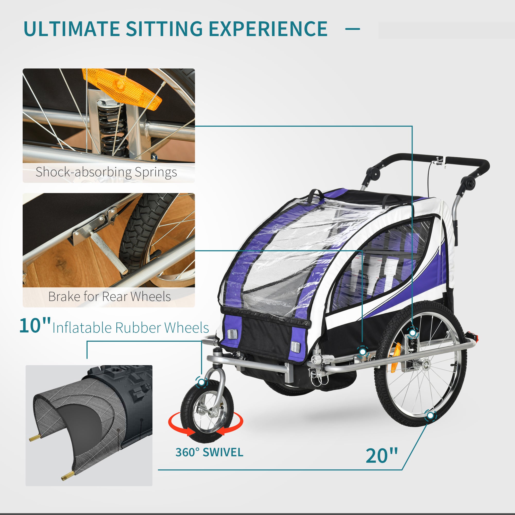 HOMCOM Child Bike Trailer Baby Bicycle Trailer 360° Rotatable for 2 Kids with Steel Frame LED Purple