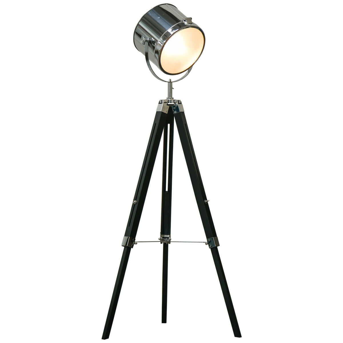 Kozy Industrial Style Adjustable Tripod Floor Lamp, Searchlight Lamp with Wooden Legs and Steel Lampshade, 110-155cm, Black