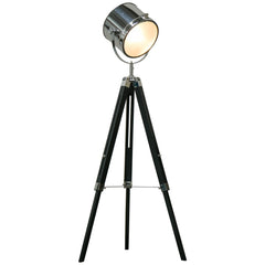 Kozy Industrial Style Adjustable Tripod Floor Lamp, Searchlight Lamp with Wooden Legs and Steel Lampshade, 110-155cm, Black
