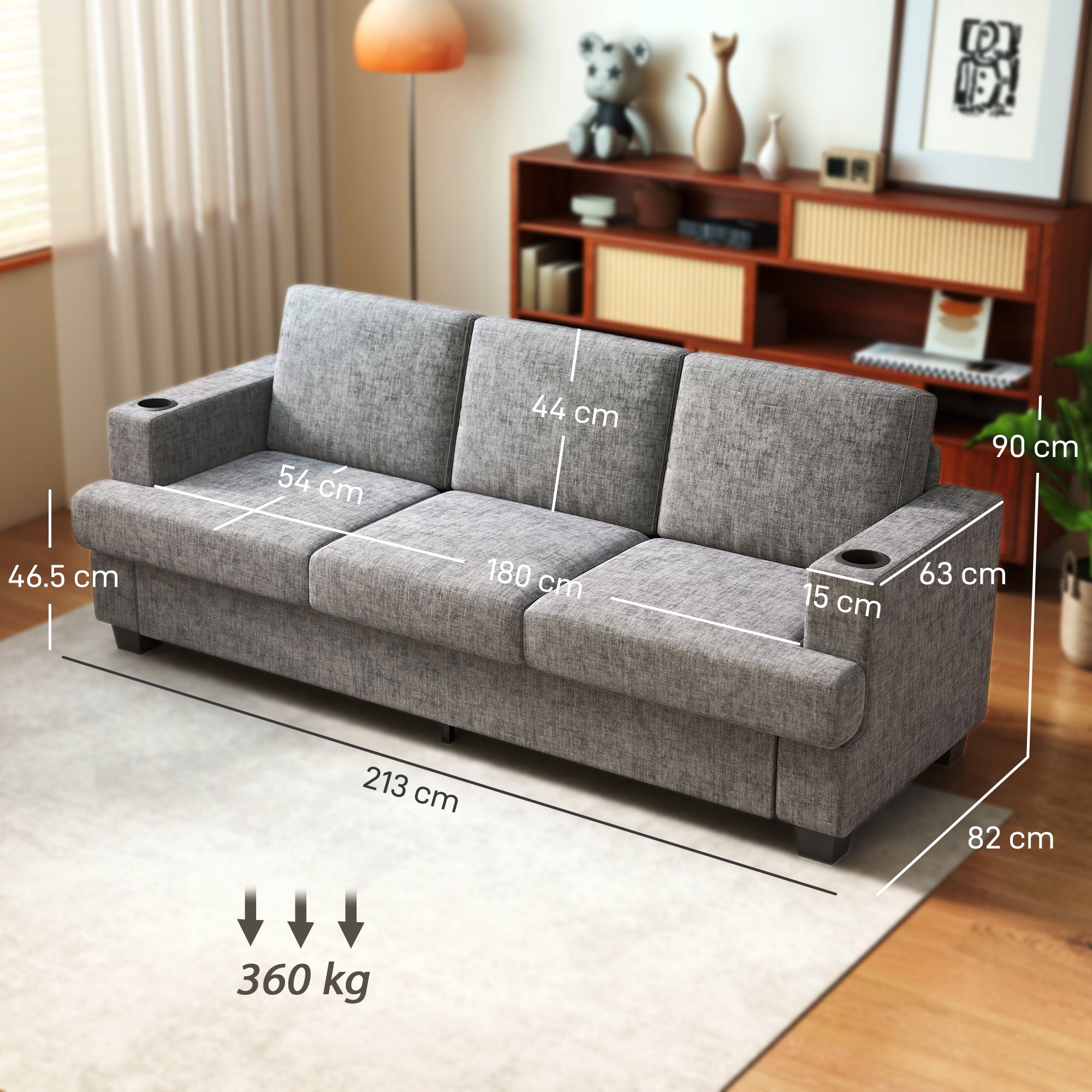 Kozy - 3 Seater Sofa with USB Ports & Cup Holders - Grey