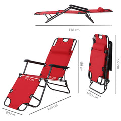 Outsunny 2 in 1 Sun Lounger Folding Reclining Chair Garden Outdoor Camping Adjustable Back with Pillow (Red)