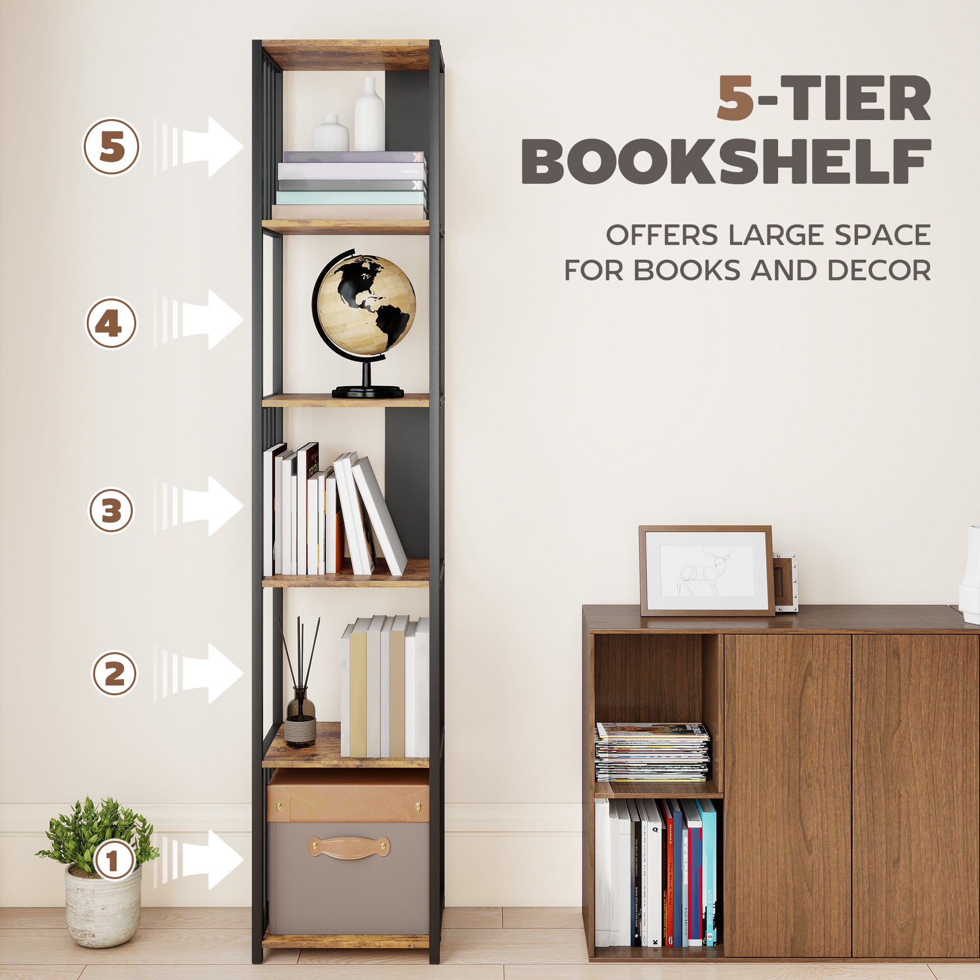 Kozy - 5-Tier Bookshelf with Steel Frame - Rustic Brown