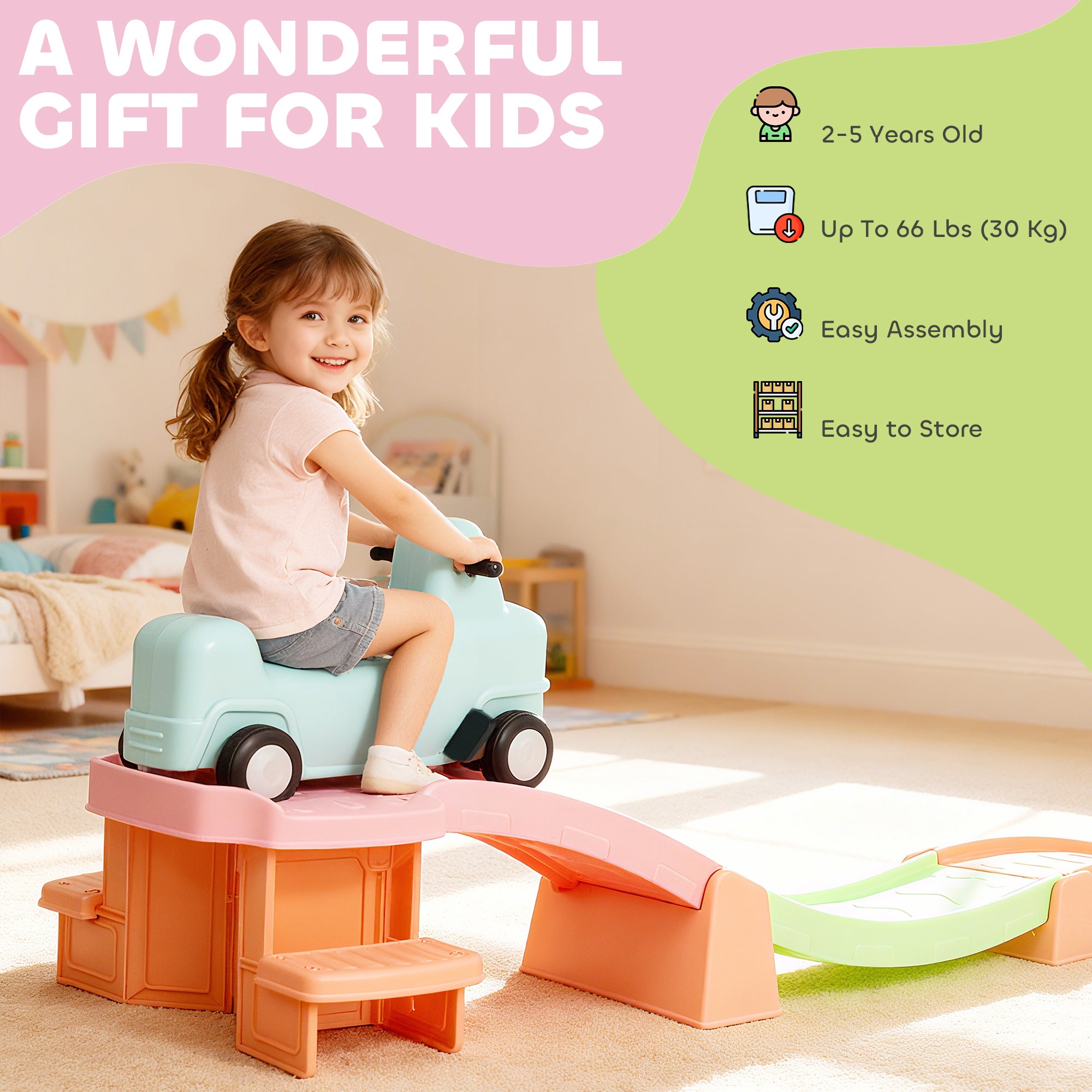 Kozy 3(m) Four-Piece Ride on Kids Roller Coaster w/ Non-Slip Steps, for Ages 2-5 Years - Orange