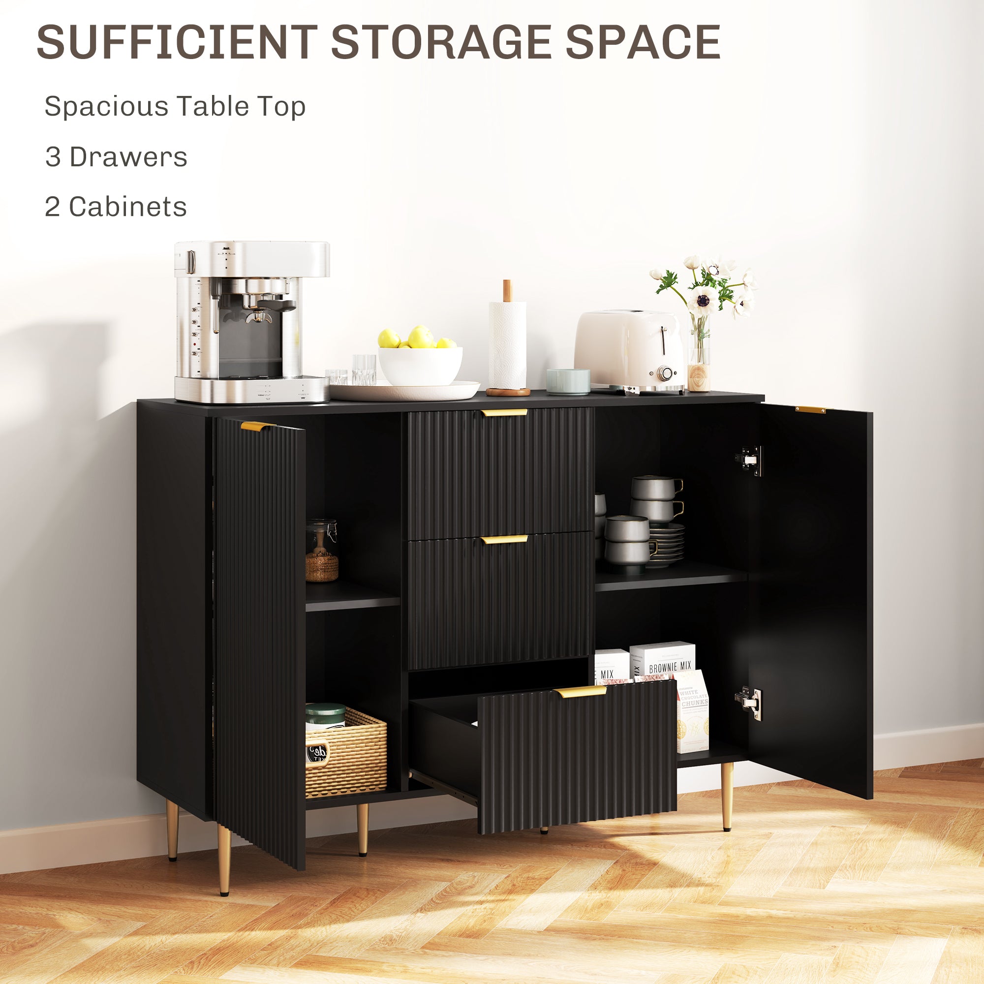 Kozy 2-Door Sideboard with 3 Drawers and Adjustable Shelves - Black
