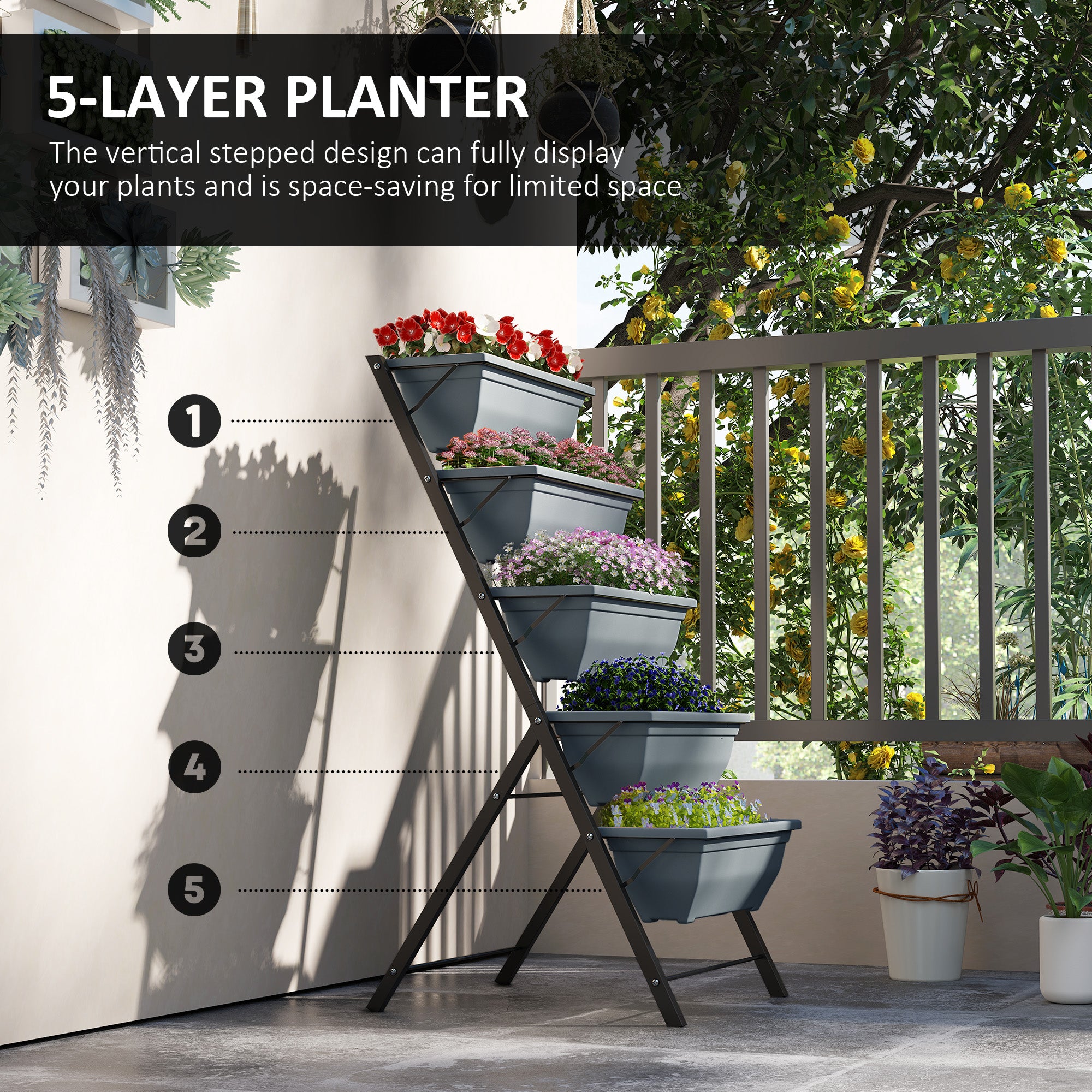 Kozy - 5-Tier Raised Garden Bed, Vertical Ladder Plant Stand with 5 Removable Boxes, Drainage Holes and Plugs, Indoor Outdoor Elevated Flower Herb Growing Box for Garden Patio Balcony, Grey