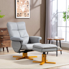 Kozy - PU Leather Swivel Recliner Chair with Footstool, Wooden Base and Storage for Living Room, Light Grey