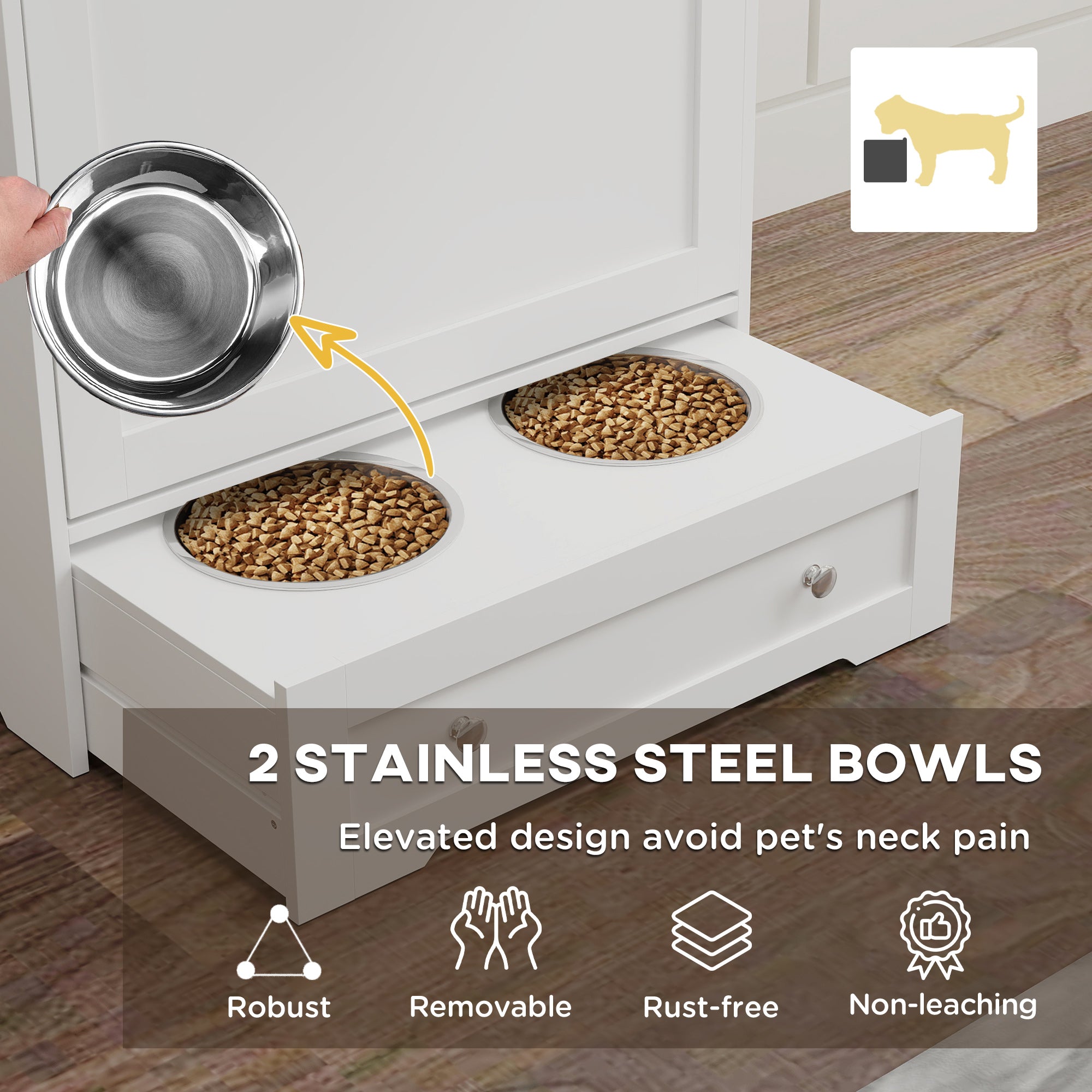 Kozy - Dog Feeding Station with 2 Storage Cabinets, 2 Elevated Bowls, Side Hooks, Anti-tip Kit for Water and Feeding Supplies