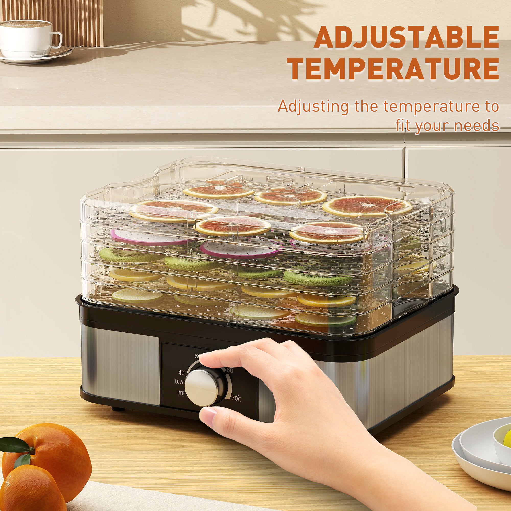 Kozy - 5 Tier Food Dehydrator, 245W Stainless Steel Food Dryer Machine with Adjustable Temperature for Drying Fruit, Meat, Vegetable, Jerky and Pet Treat, Black