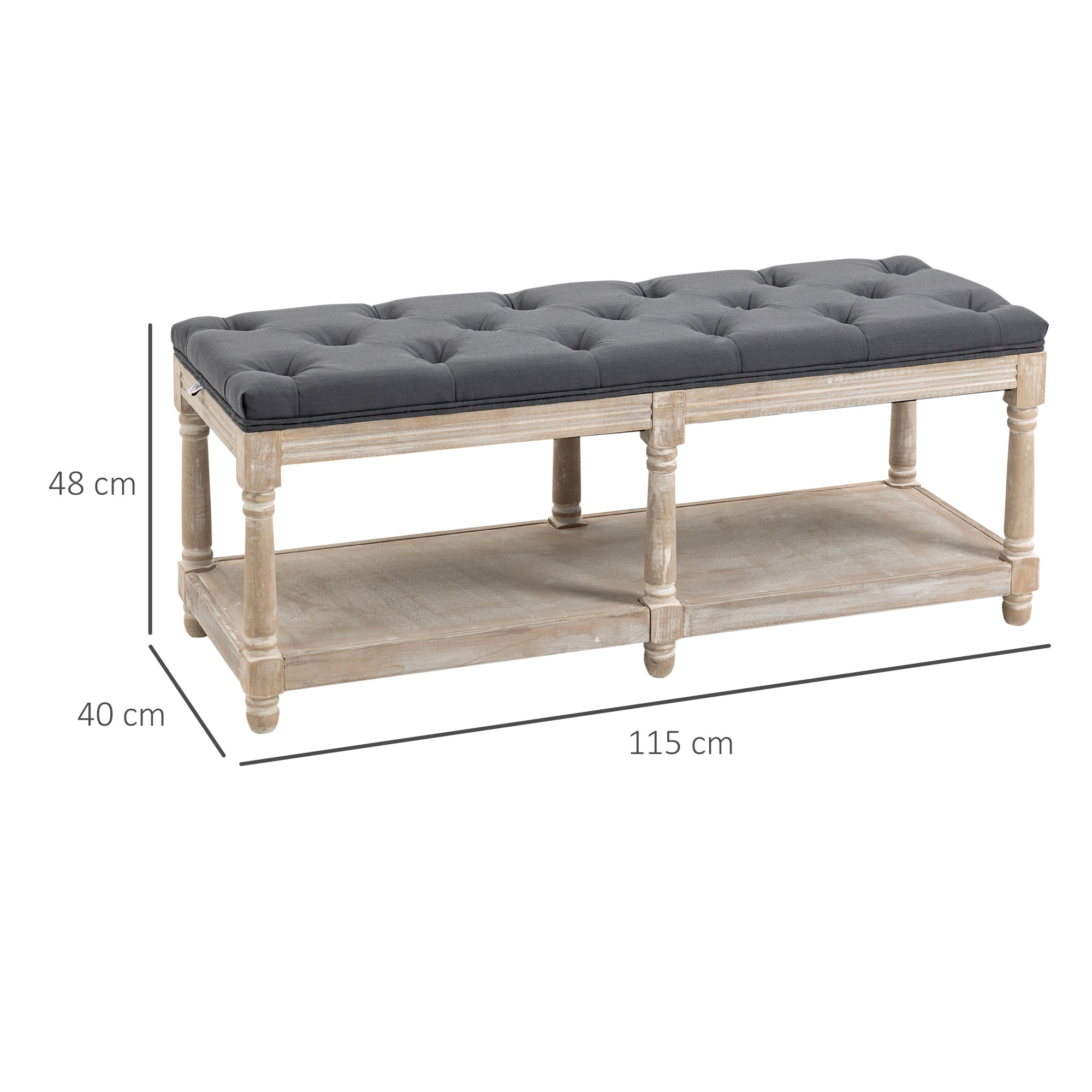 HOMCOM Hallway Haven: Vintage Shoe Bench with Tufted Cushion, 2-Tier Wooden Storage, Grey | Aosom UK