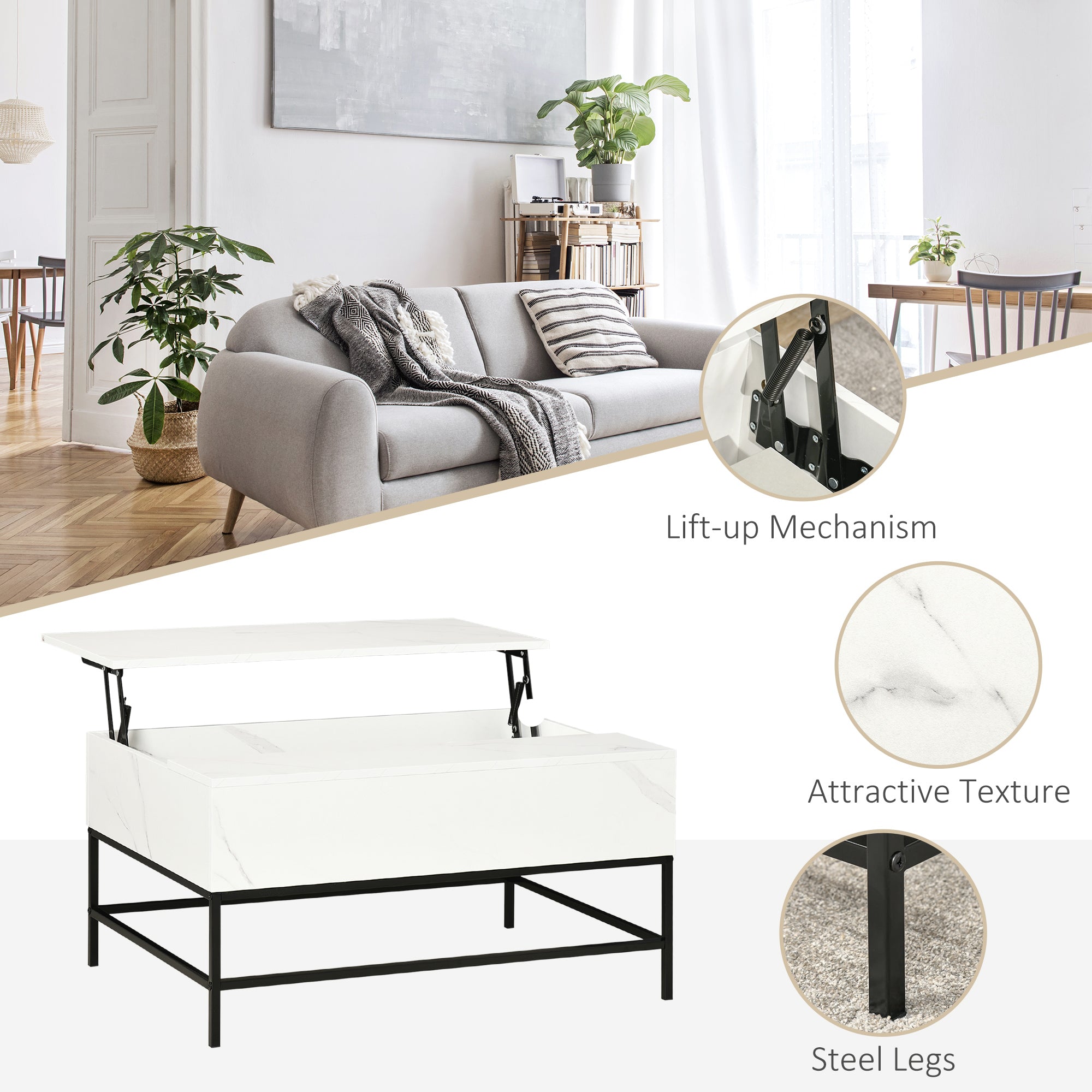 Kozy Modern Lifting Coffee Table with Hidden Compartment, Storage Coffee Table for Living Room, Faux Marble White