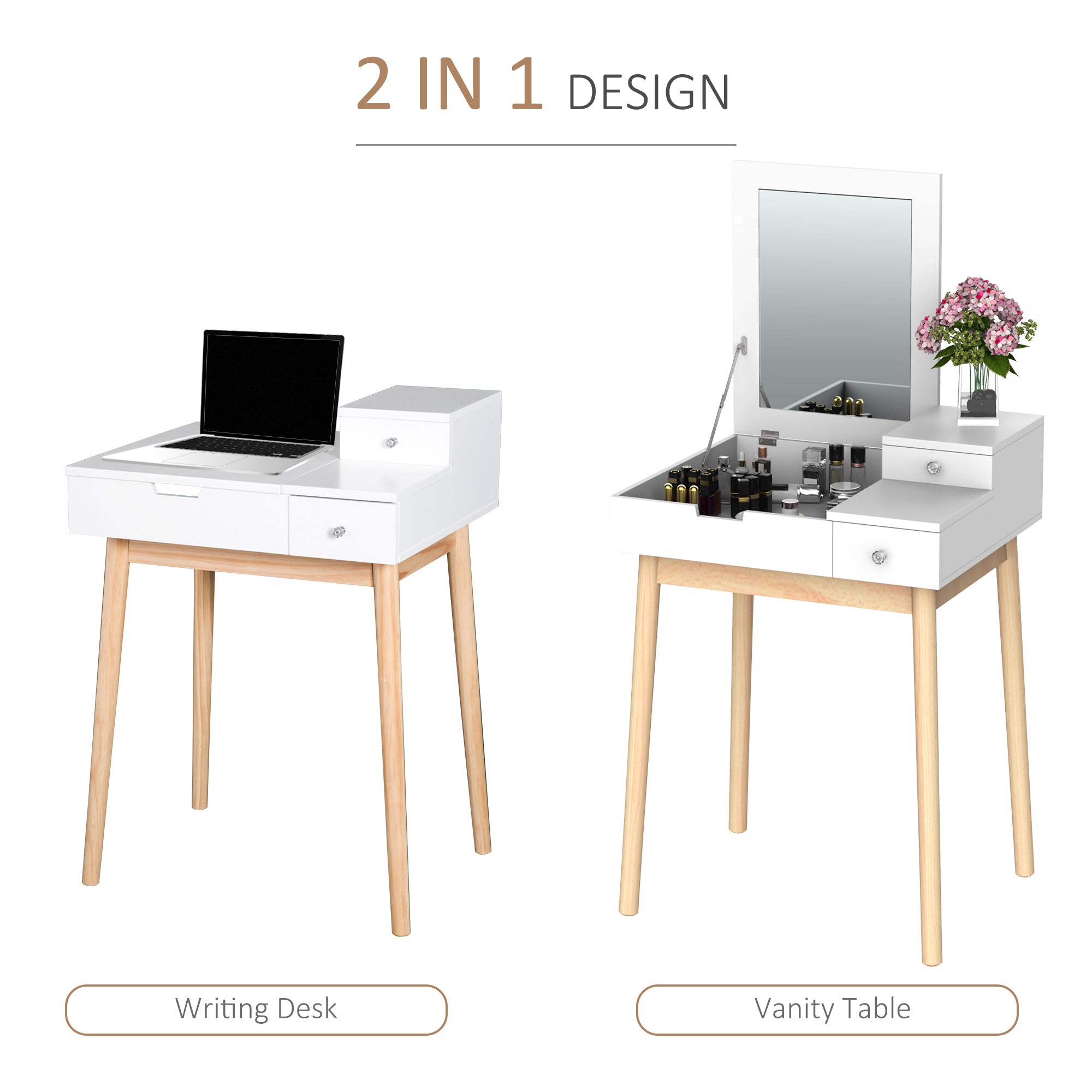 HOMCOM MDF,Pine Dressing Table Desk Flip