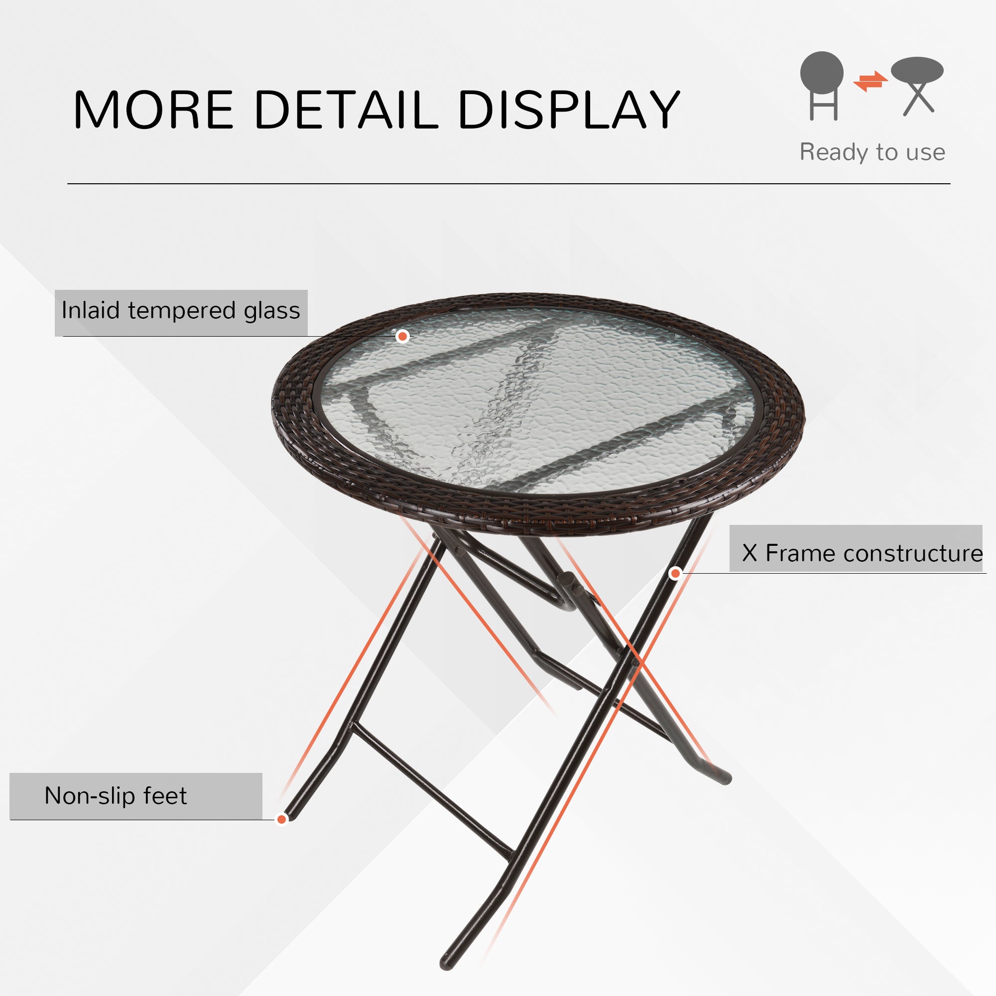Kozy Folding Rattan Garden Dining Table, 68 cm Round Rattan Garden Table with Water Ripple Tempered Glass Top, Wicker Edging  and Steel Frame for Outdoor, Patio, Brown