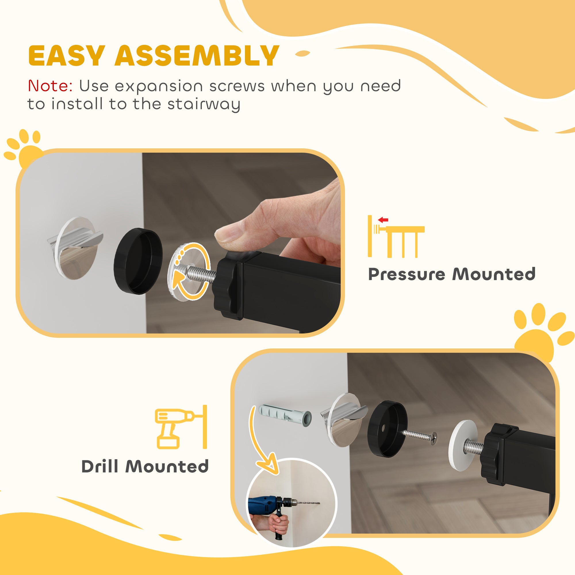 Kozy Dog Gate Pet Safety Gate Stair Barrier Pressure Fit Adjustable 76-82/86-97/101-107 cm, Black