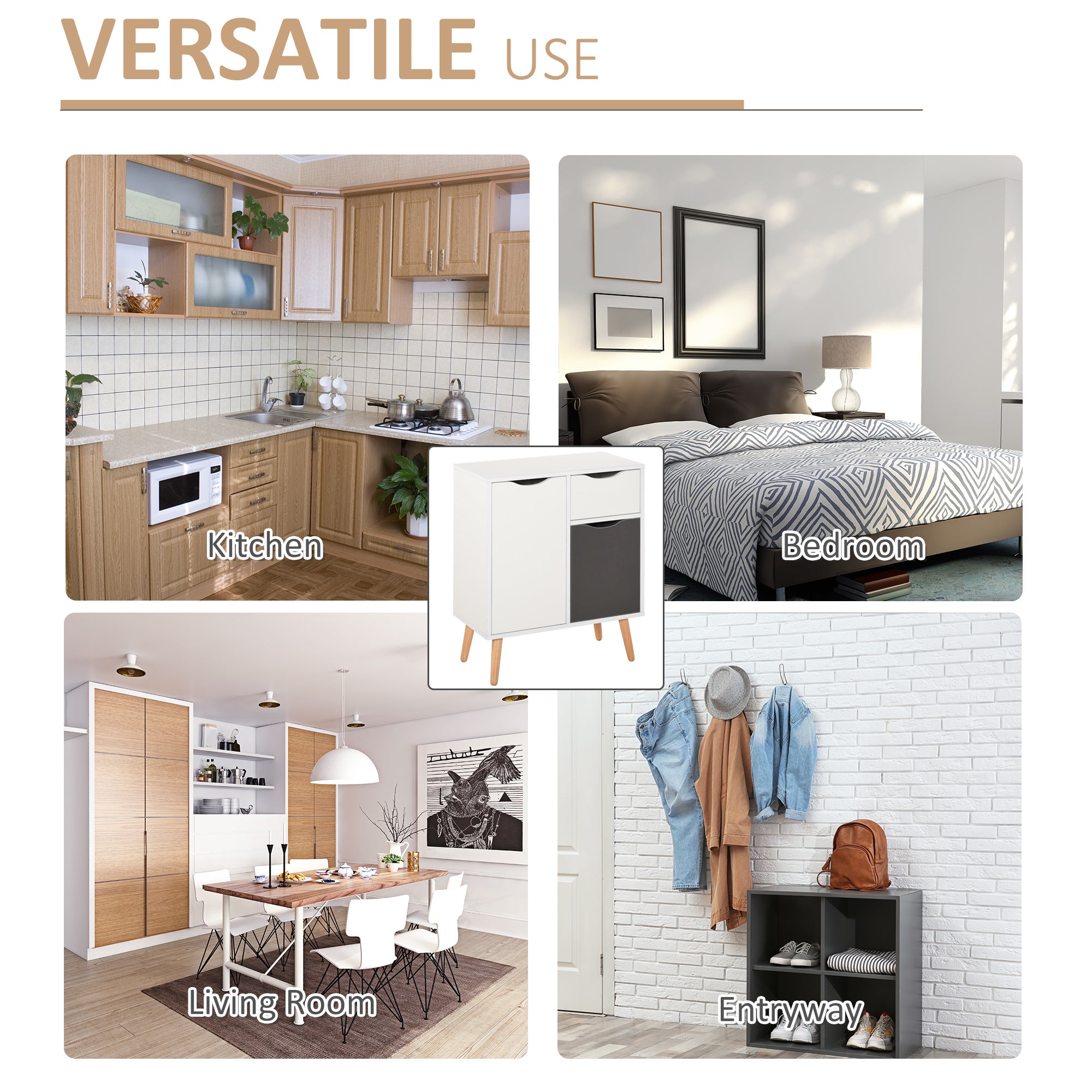 Kozy Sideboard Floor Cabinet Storage Cupboard with Drawer and Solid Wood Legs for Bedroom, Living Room, Entryway, Grey