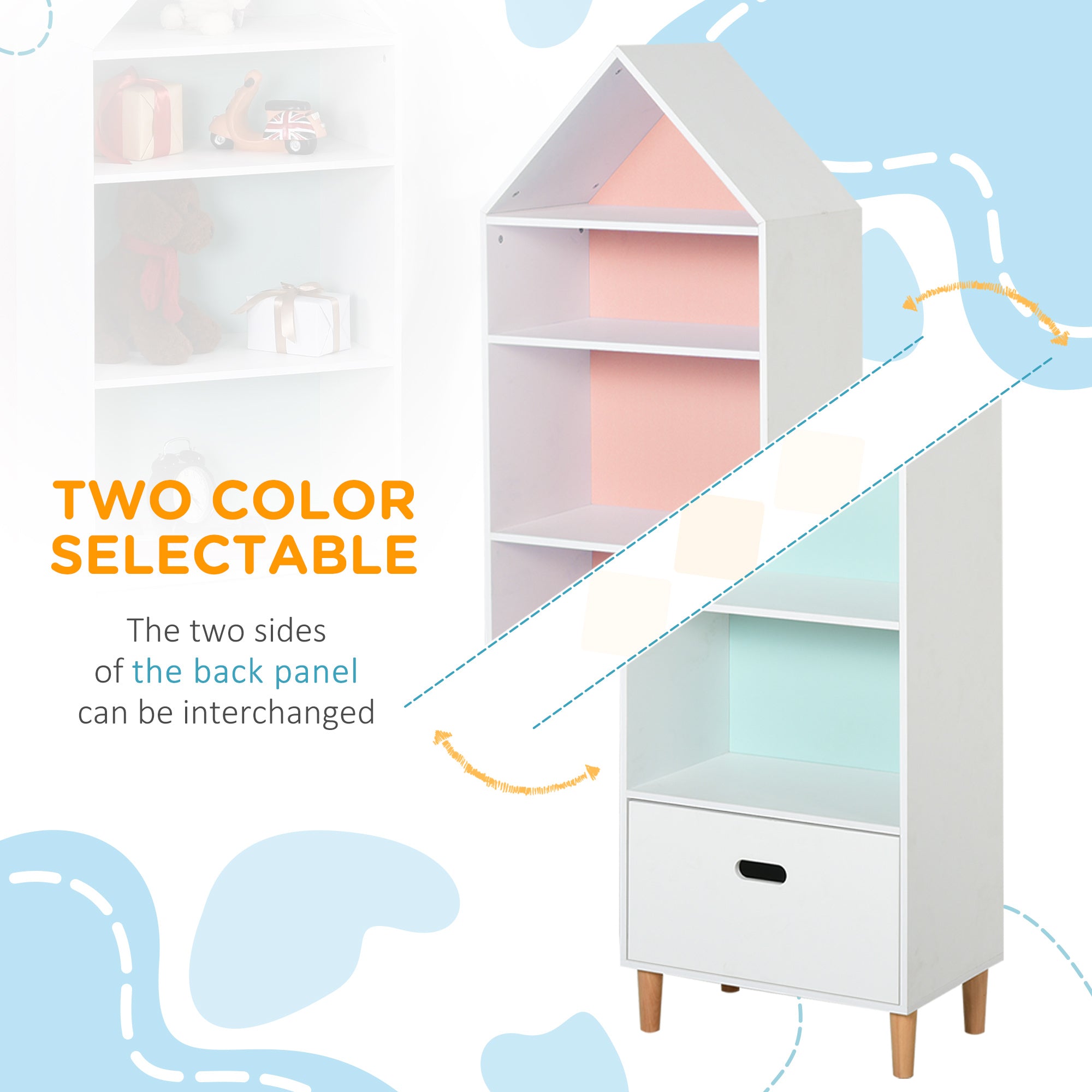 Kozy Kids Children Wooden Bookcase w/Drawer Bedroom Furniture Bookshelf Storage Rack Display Unit Toys Games Organisation Cabinet Pink Blue Back Panel 50 x 30 x 142 cm