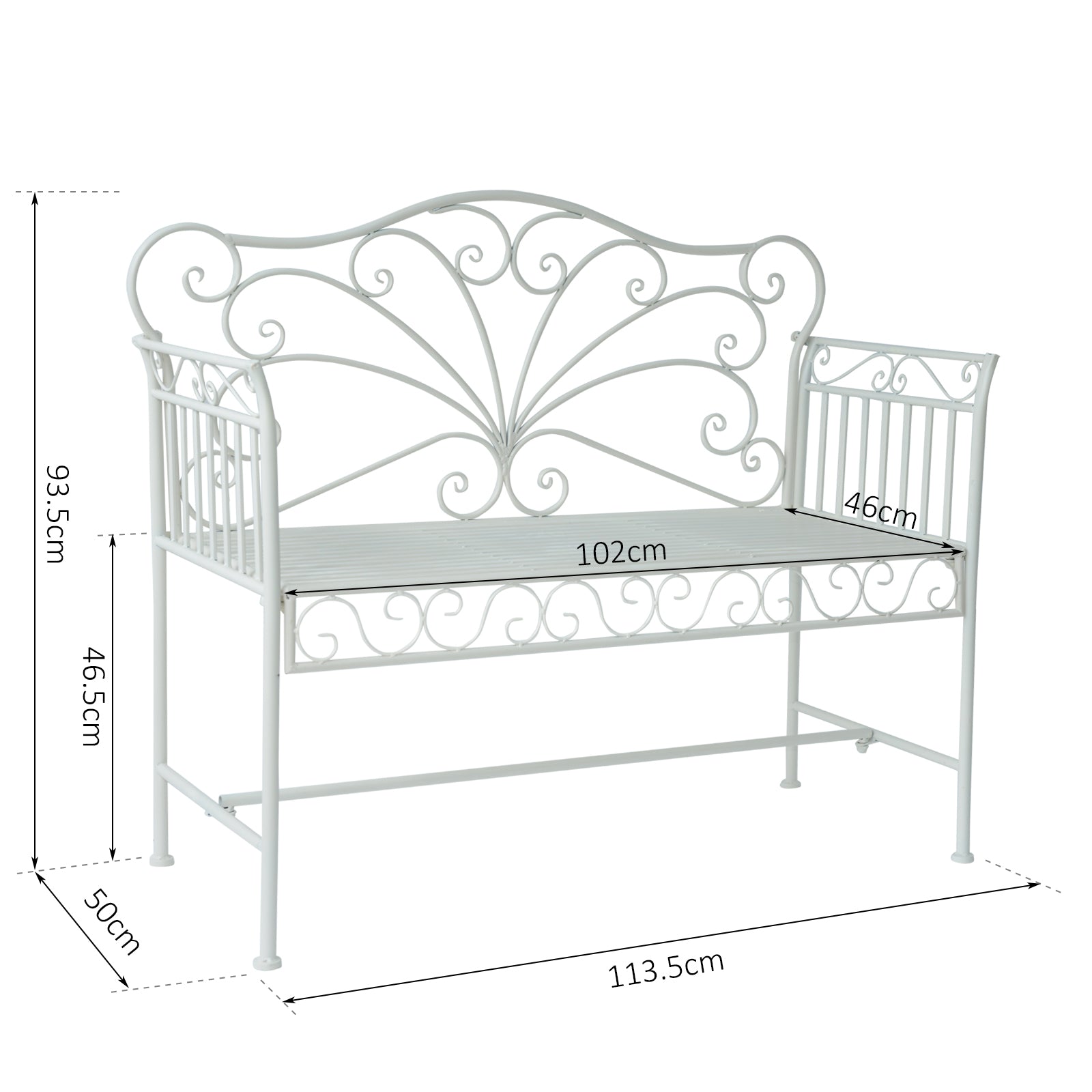 Outsunny Garden 2 Seater Metal Bench Park Seating Outdoor Furniture Chair w/ Decorative Backrest White