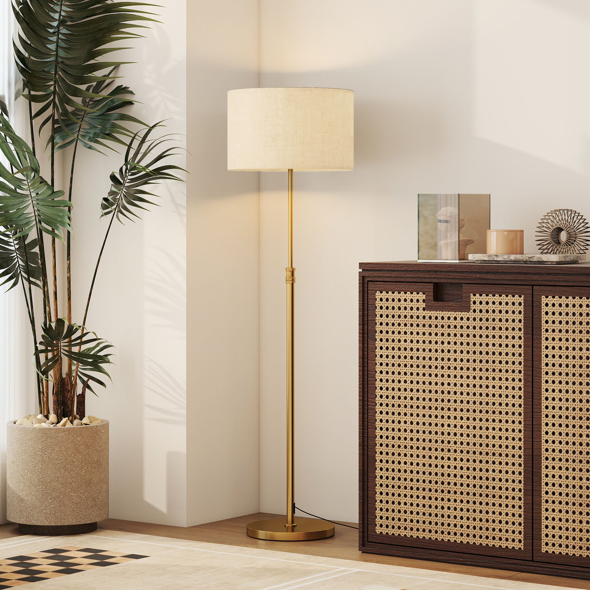 Kozy Floor Lamp with Remote, Height Adjustable Standing Lamp with Linen Shade, Dimmable with 3000K-6000K Adjustable Colour Temperatures, Foot Switch for Living Room Bedroom Office, Gold Tone