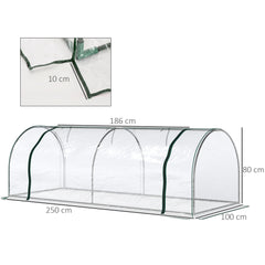 Outsunny Transparent Tunnel Greenhouse, Garden Outdoor Grow House with Steel Frame & PVC Cover, 250 x 100 x 80cm