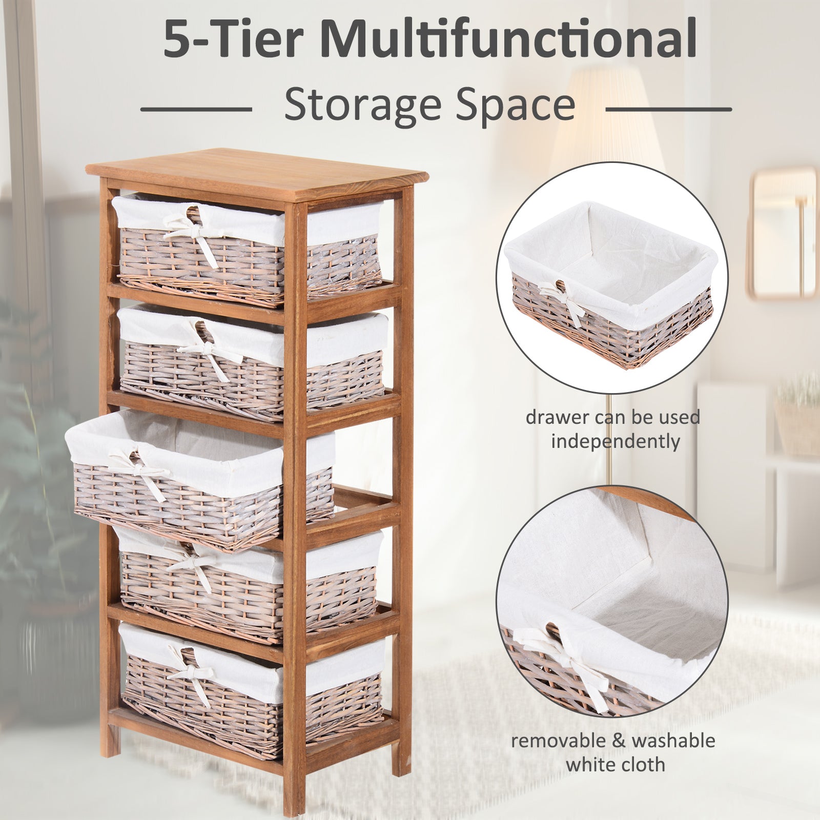 Kozy 5 Drawer Dresser Wicker Basket Storage Shelf Unit Wooden Frame Home Organisation Cabinet Bedroom Office Furniture Natural Finish