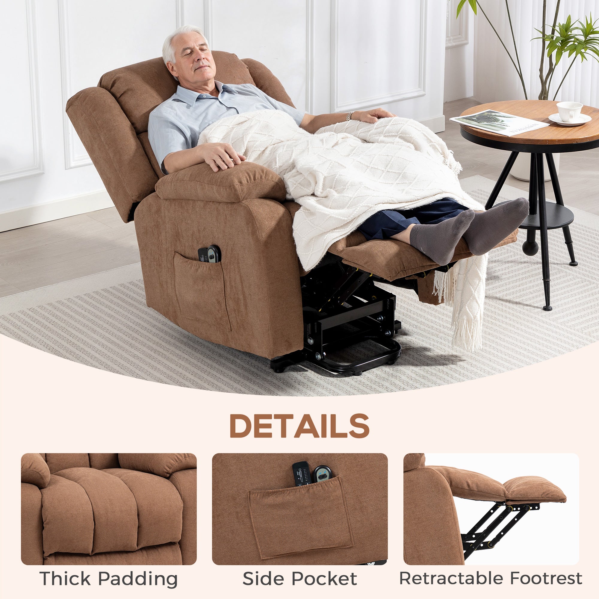 Kozy Power Lift Recliner Chair with Massage, Overstuffed Lift Chair for Elderly with Footrest, Remote and Side Pocket, Brown