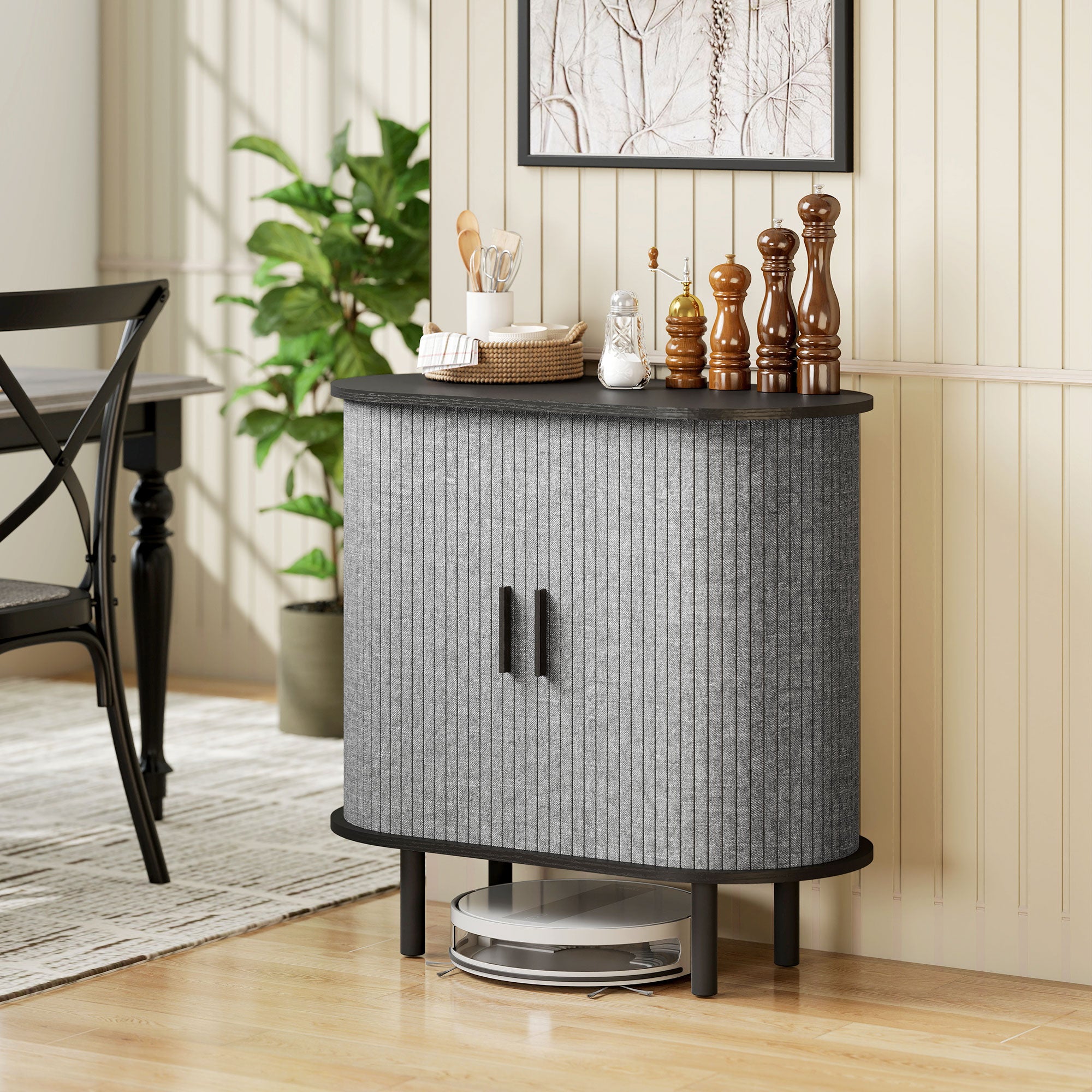 Kozy Tambour Sideboard with Fluted Sliding Doors, Modern Kitchen Cupboard with Storage Shelves and Wooden Legs, Grey