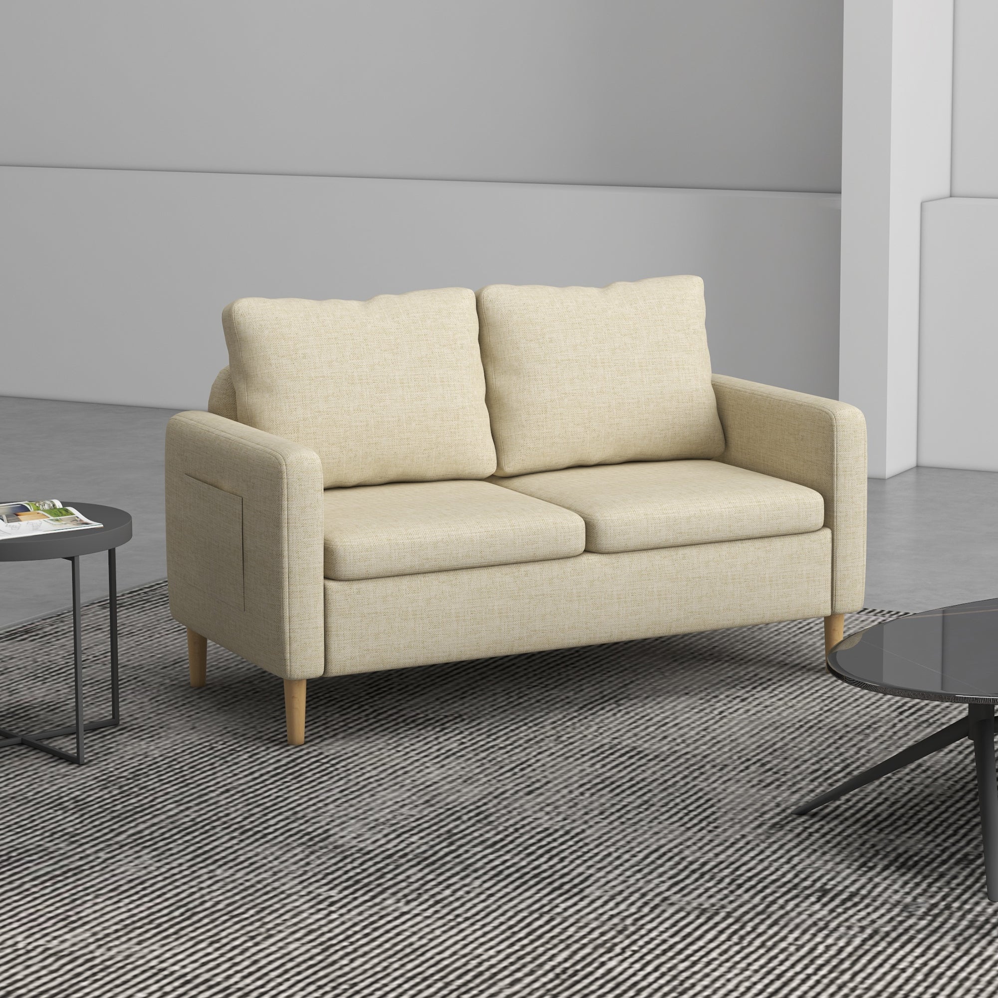 HOMCOM 143cm 2 Seater Sofa for Living Room, Modern Fabric Couch, Loveseat Sofa Settee with Wood Legs and 2 Pockets for Bedroom and Home Office, Beige