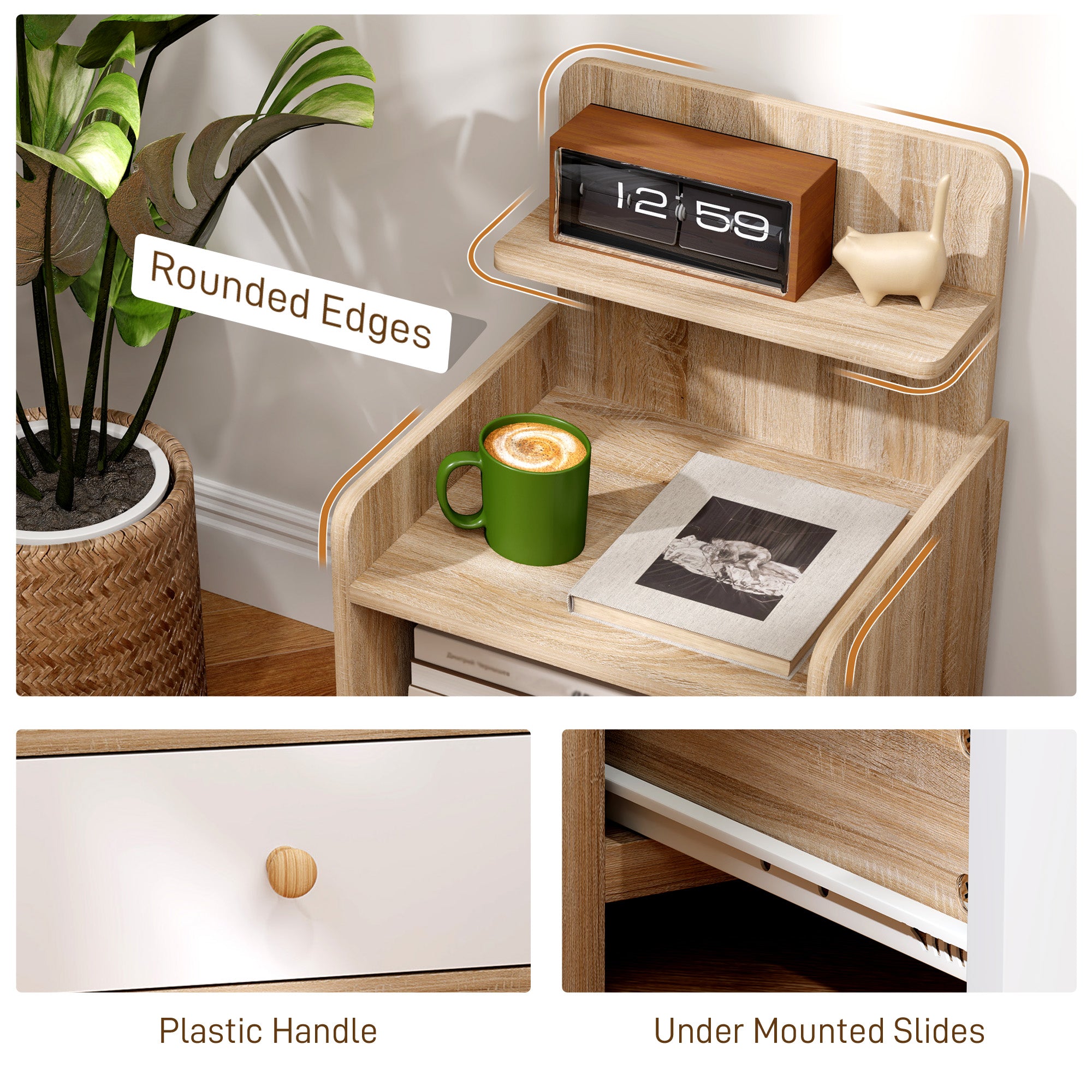 Kozy - Multi-Storage Bedside Table - White/Wood-Effect