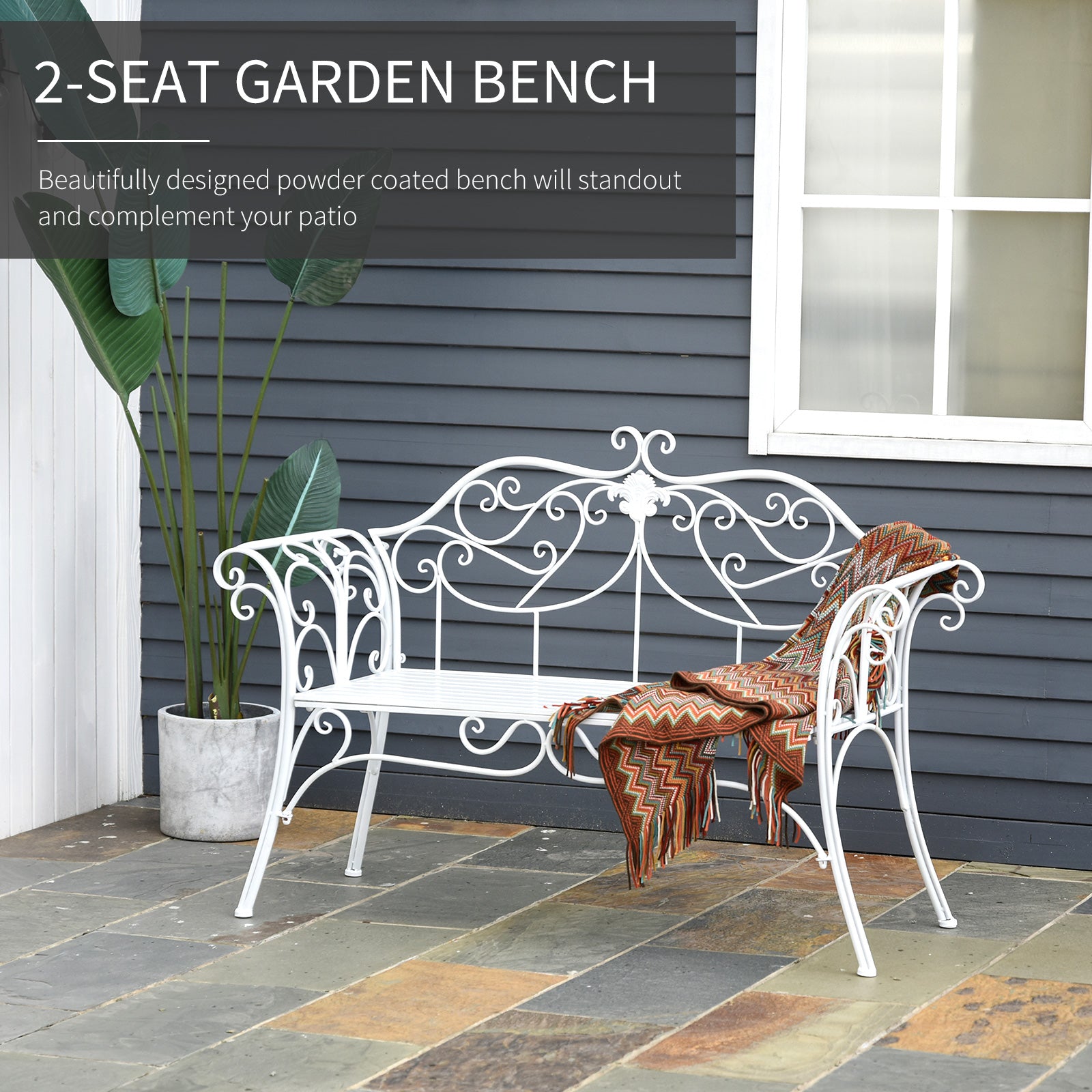 Outsunny Bench Garden Chair Outdoor Indoor Patio 2 Seater Loveseat Metal Furniture White