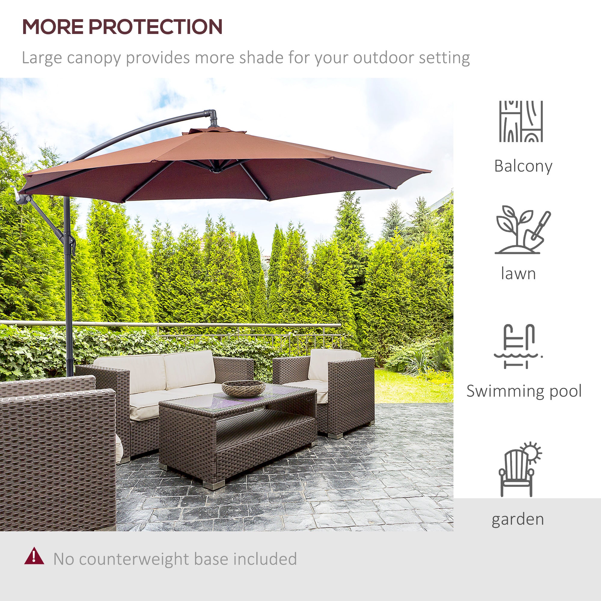 Outsunny 3m Hanging Umbrella Parasol, Cantilever Design, UV Protection, Adjustable Angle, Coffee