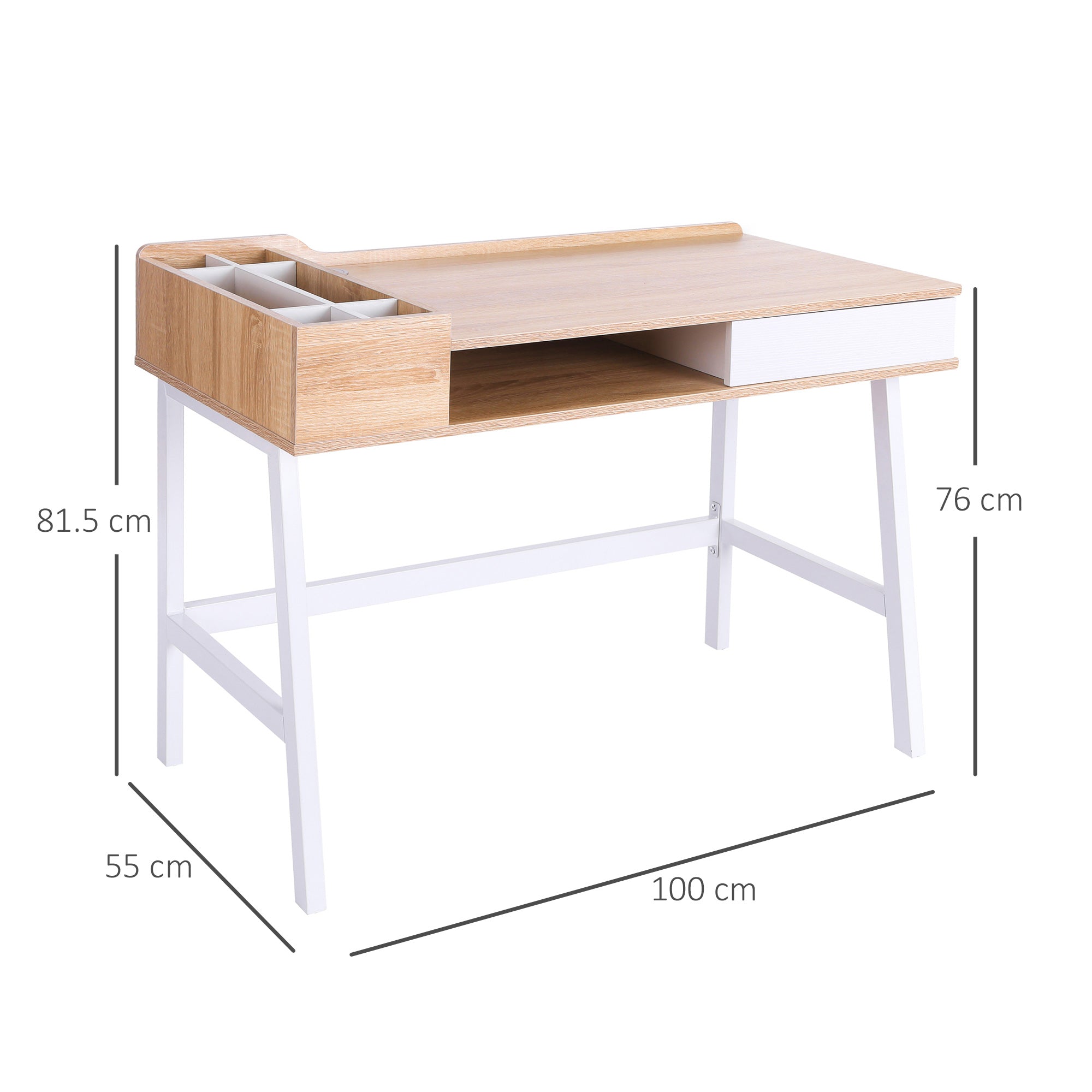 HOMCOM Writing Desk, Computer Workstation with Drawer, Storage Compartments, Cable Management, Metal Frame, Oak and White