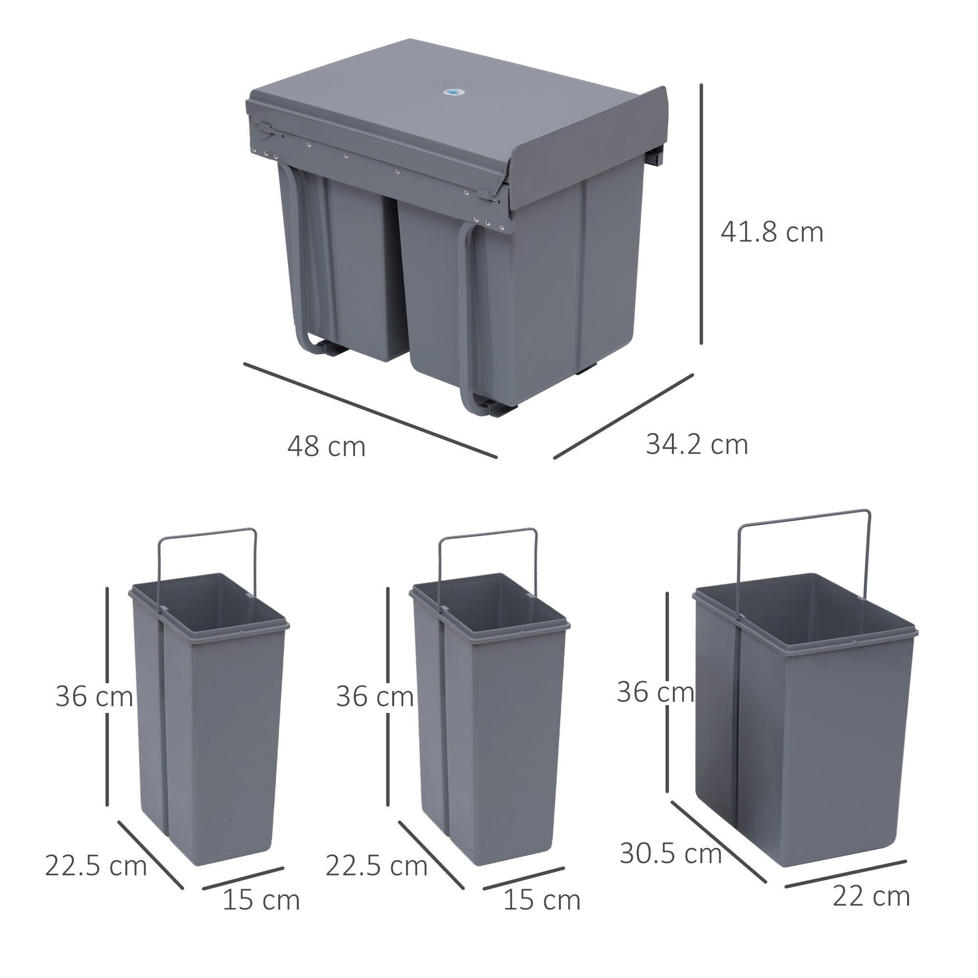 Kozy Kitchen Recycle Waste Bin Pull Out Soft Close Dustbin Recycling Cabinet Trash Can Grey (40L (1x20L+2x10L))