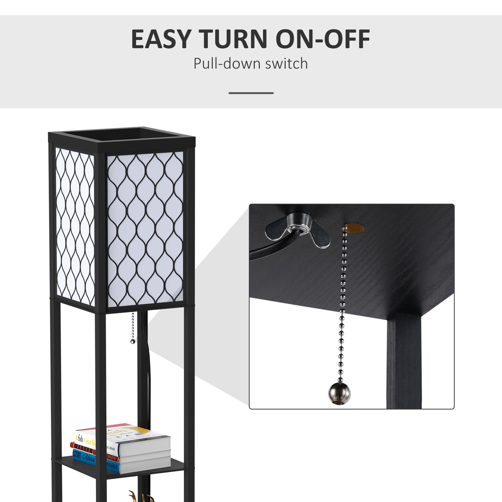 Kozy Shelf Floor Lamp Standing Lamp W/4-tier Wooden Open Shelves,26L x 26W x 160Hcm-Black/White