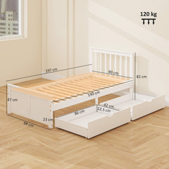 Kozy Wooden Single Bed Frame, with Drawers - White