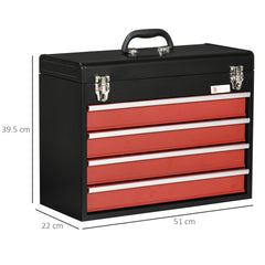 Kozy 4 Drawer Tool Chest, Lockable Metal Tool Box with Ball Bearing Runners, Portable Toolbox, 510mm x 220mm x 395mm, Black