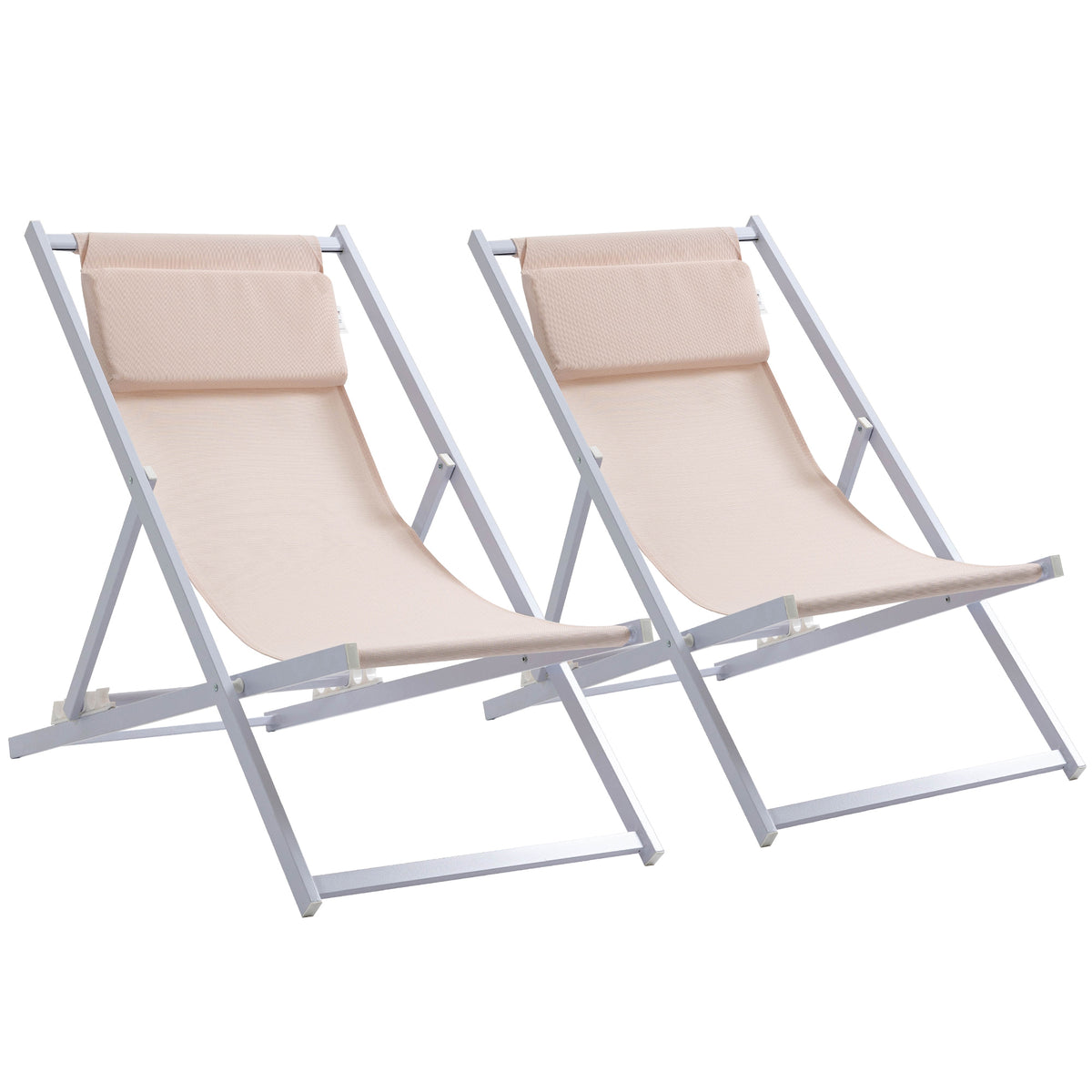 Kozy Set of 2 Folding Garden Beach Aluminium Frame Deck Chairs Deckchairs Seaside Folding Garden Patio Lounger, Beige